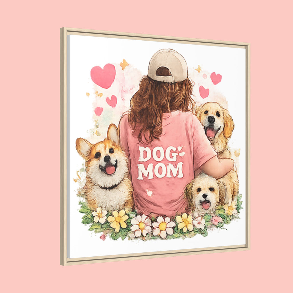 Dog Mom Canvas Print — Framed Matte Wall Art with Cute Dogs & Hearts