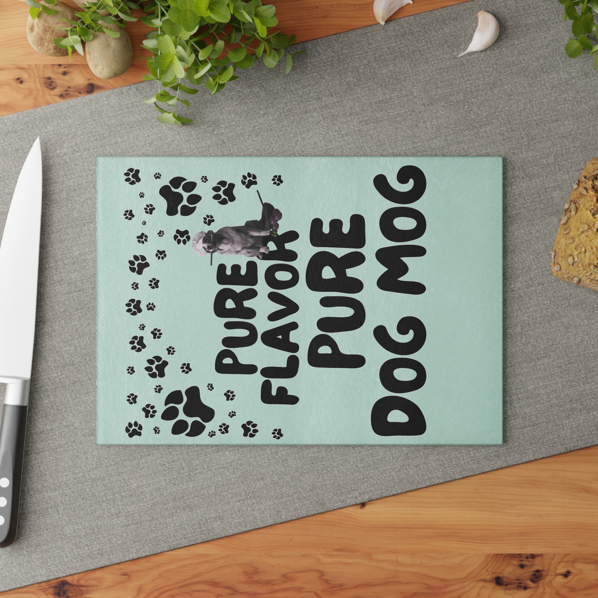 Dog Mom Glass Cutting Board – "Pure Flavor Pure Dog Mom" Paw Print Design