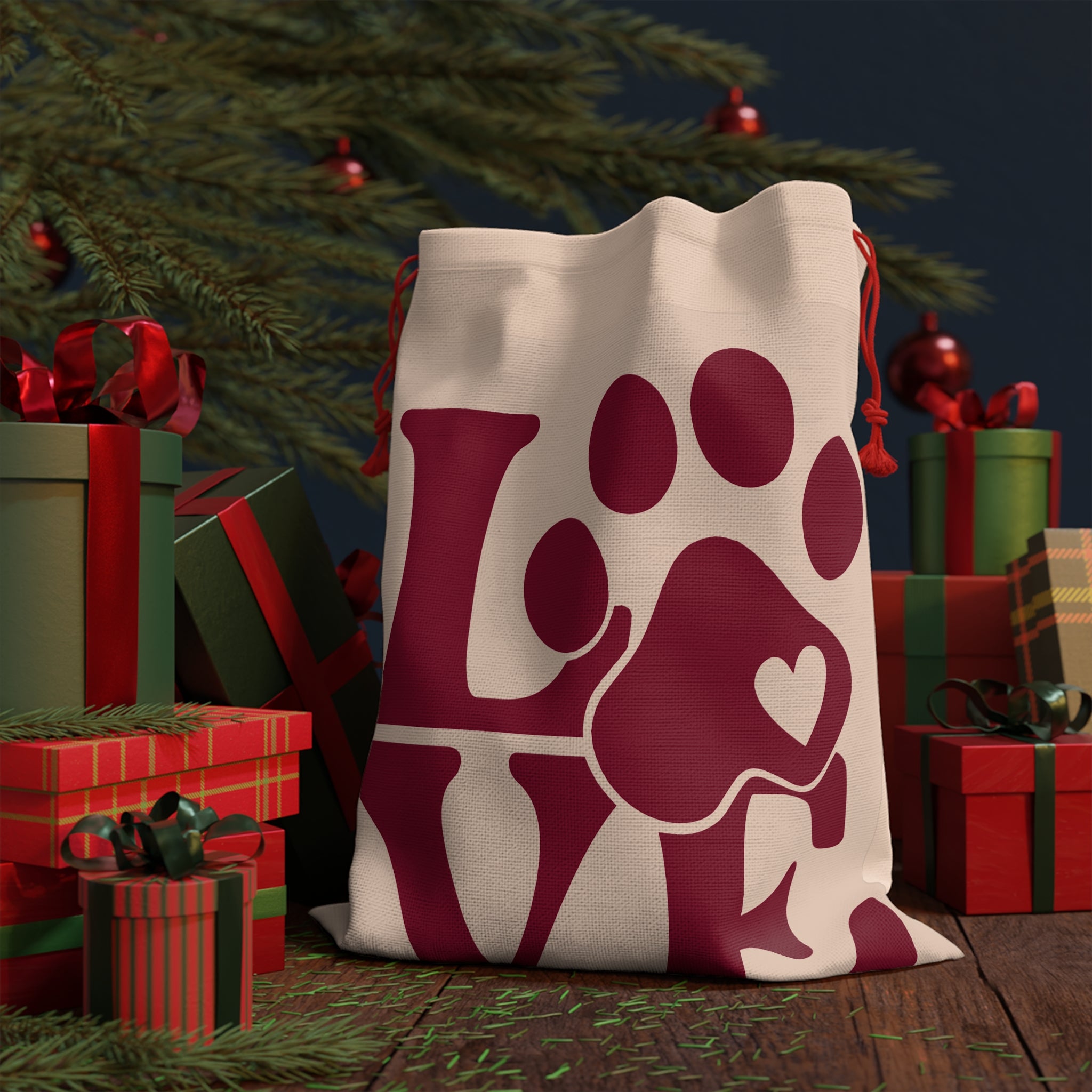 Love Paw Print Gift Bag — Pet Lover Drawstring Gift Sack