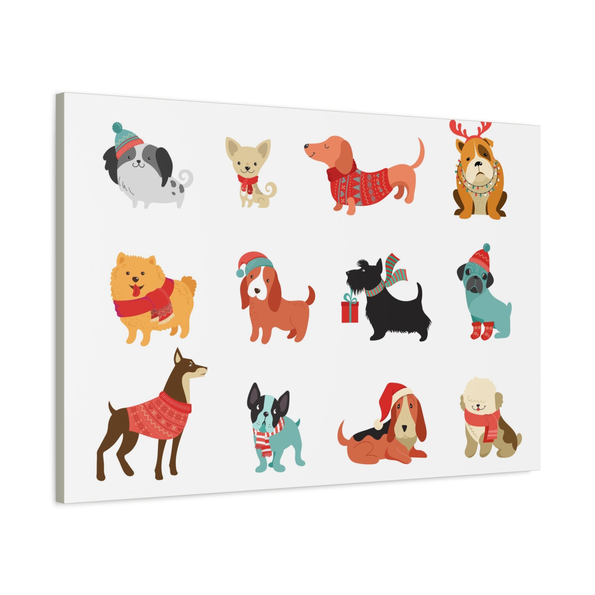Holiday Dogs Canvas Wall Art — Cute Dachshund, Pug & Mixed Breeds in Winter Sweaters