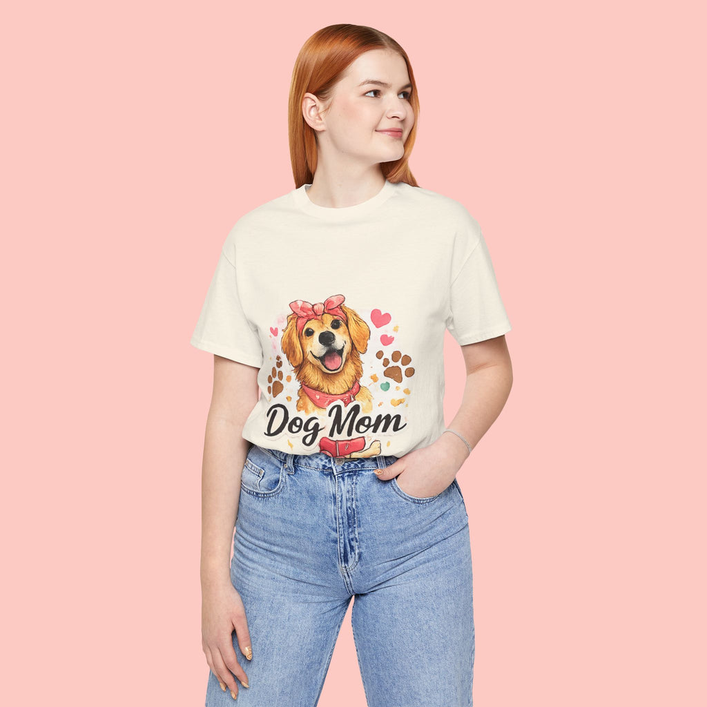 Dog Mom T-Shirt – Cute Golden Retriever Design with Hearts & Paw Prints