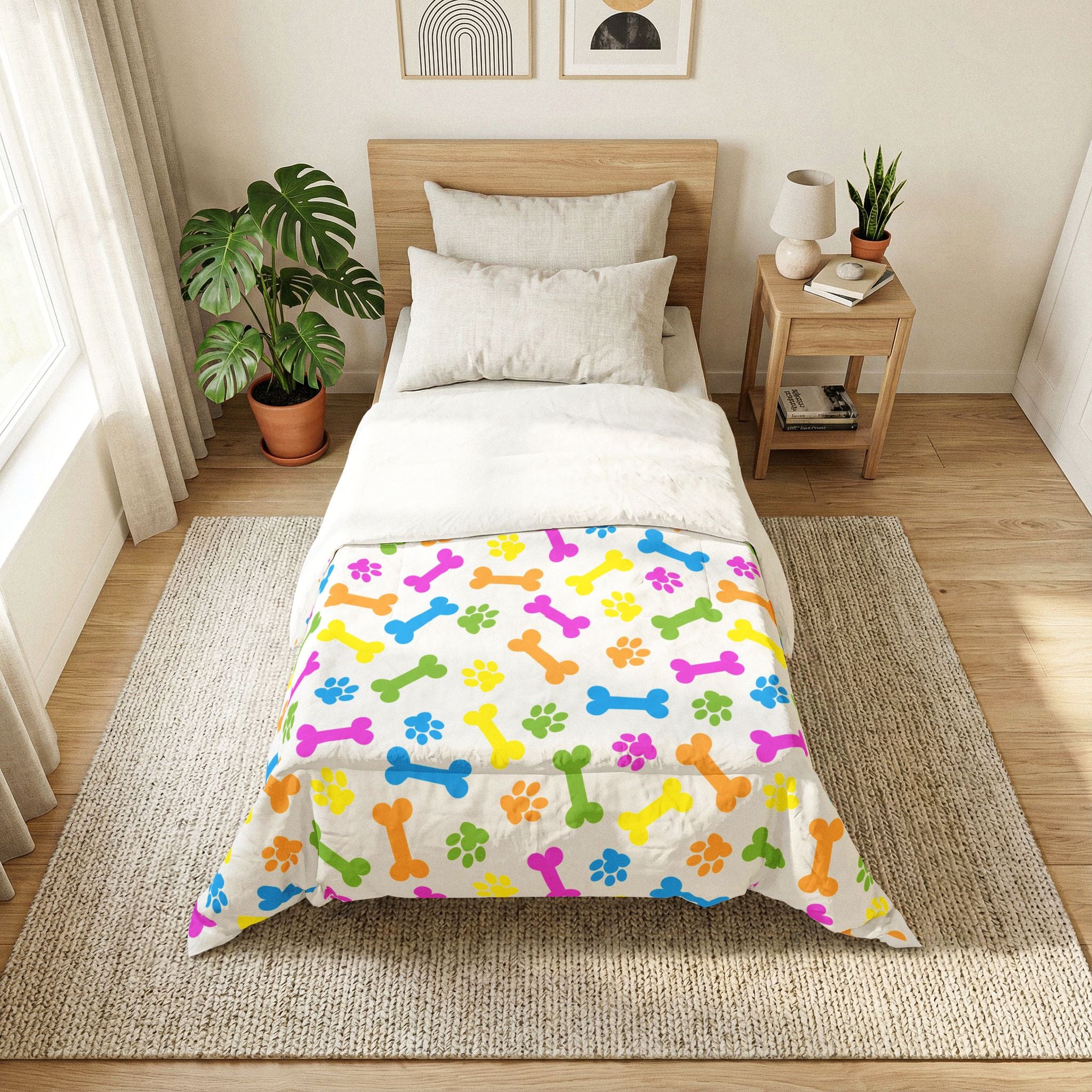 Colorful Dog Bone & Paw Print Cotton Comforter — Pet Lover Bedspread