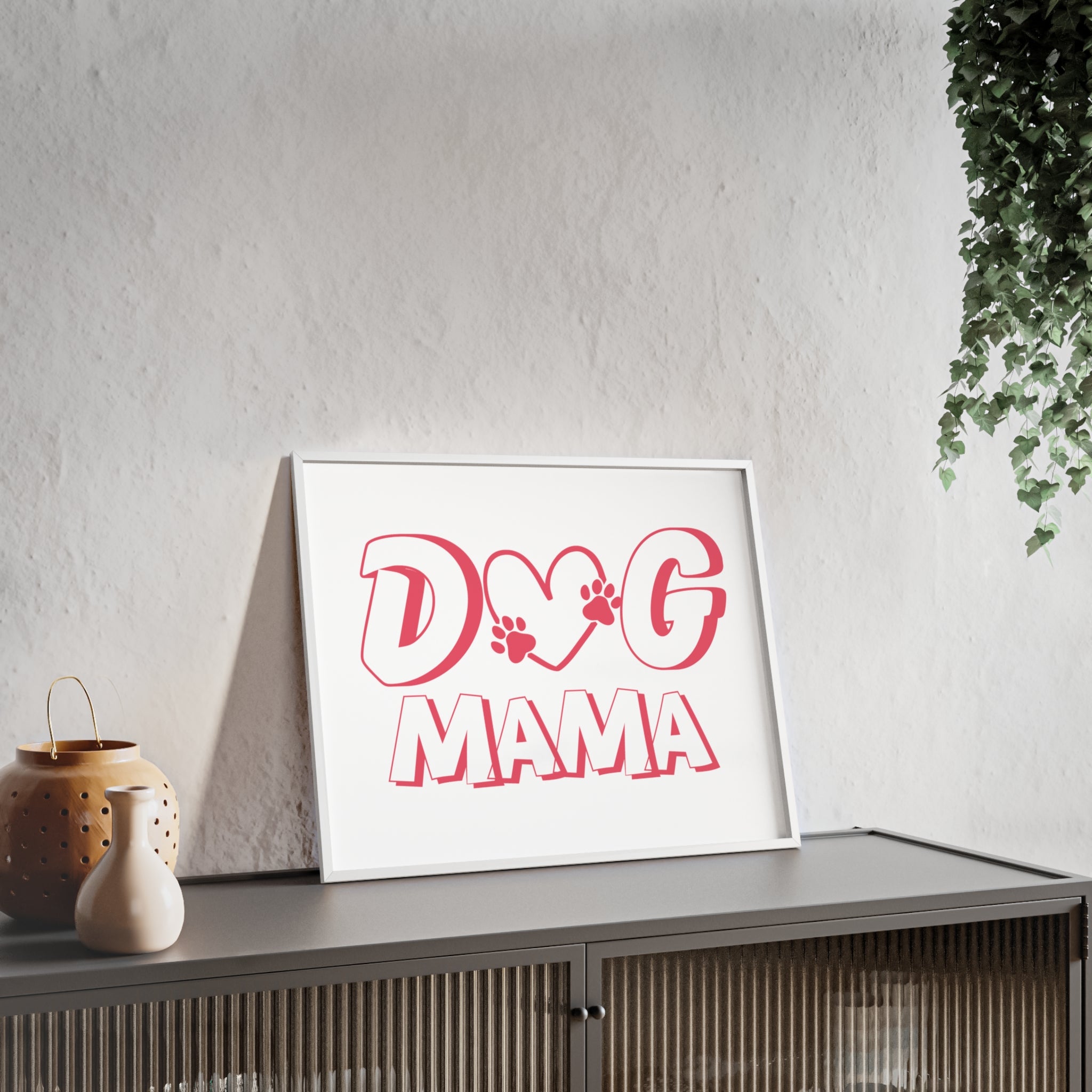 Dog Mama Wall Poster with Wooden Frame — Pink Paw Heart Decor