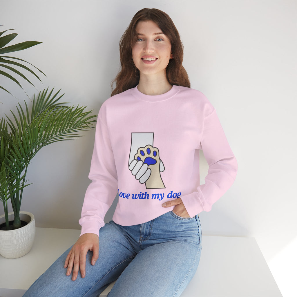 Dog Lover Crewneck Sweatshirt — "Love with my dog." Paw & Hold Graphic