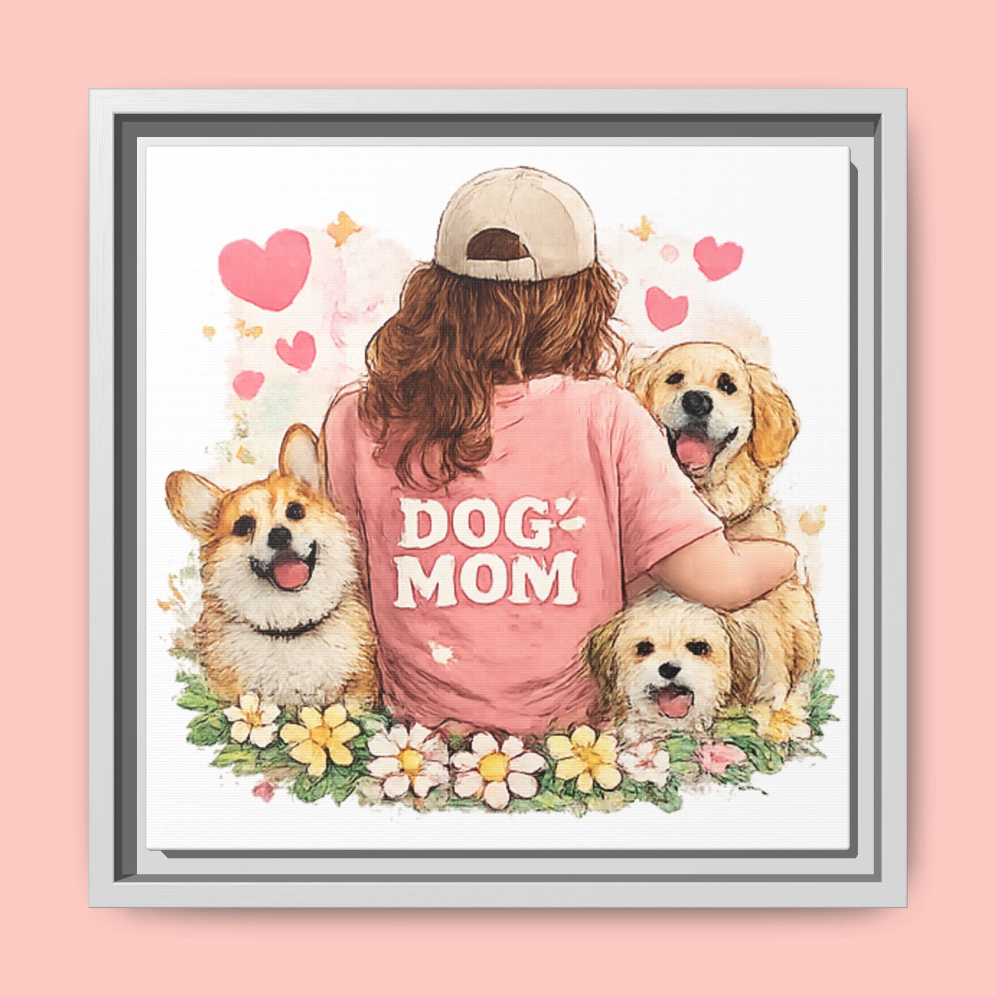 Dog Mom Canvas Print — Framed Matte Wall Art with Cute Dogs & Hearts