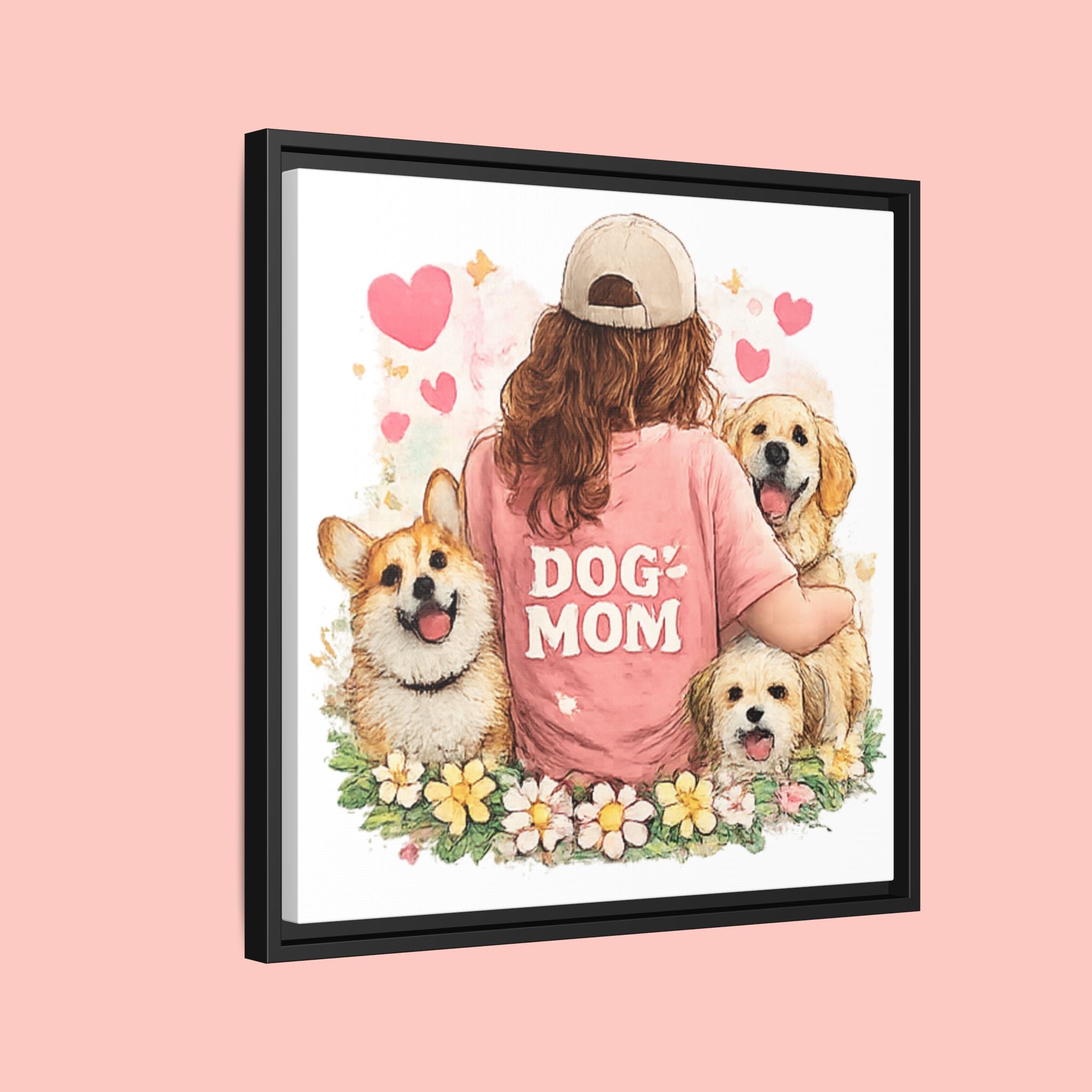 Dog Mom Canvas Print — Framed Matte Wall Art with Cute Dogs & Hearts
