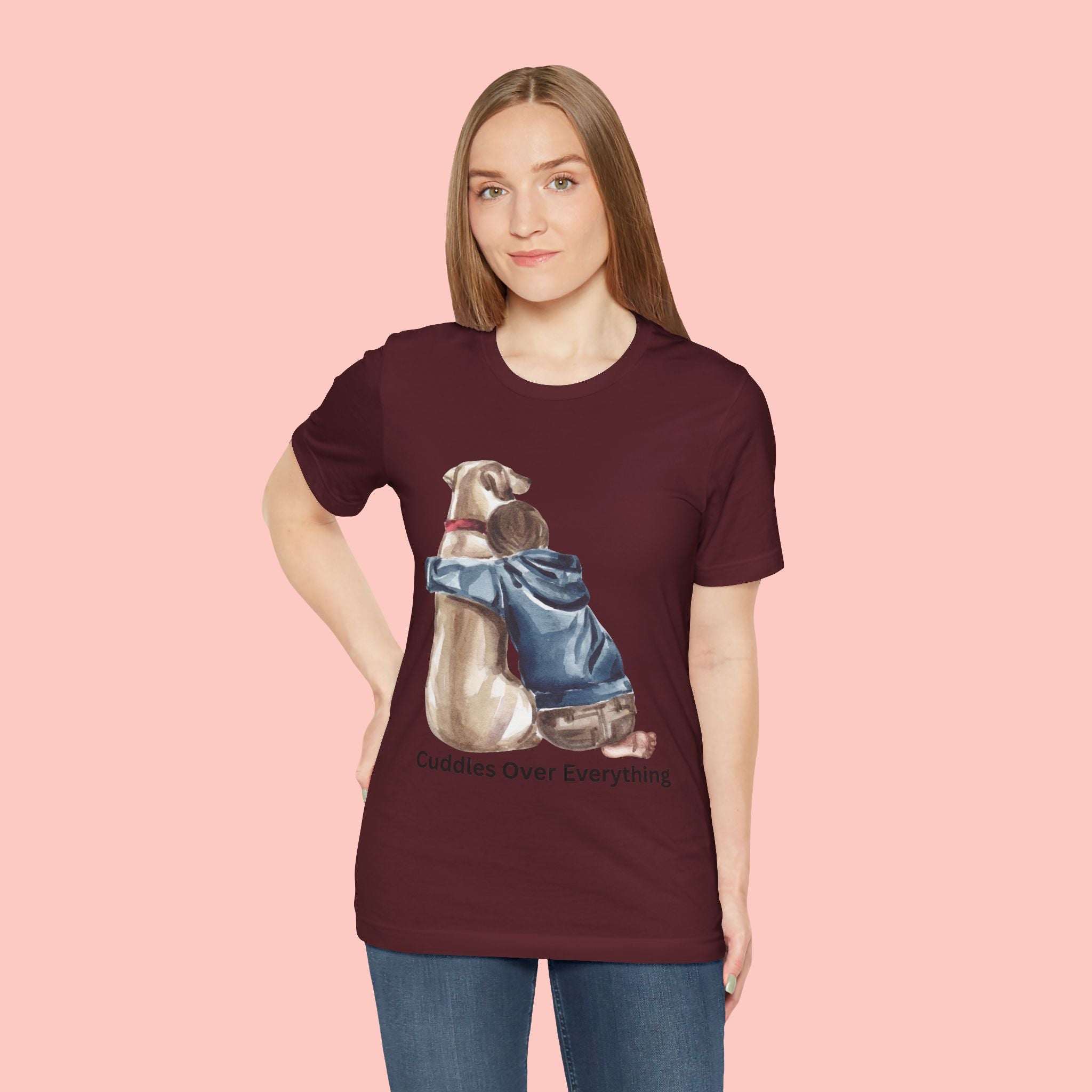 Cuddles Over Everything Tee — Boy Hugging Dog Animal Lover T-Shirt
