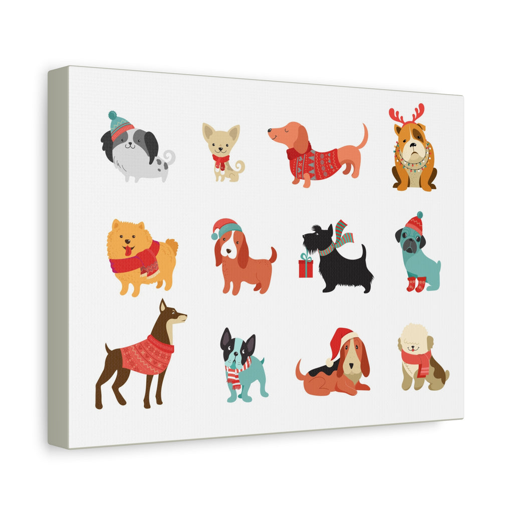 Holiday Dogs Canvas Wall Art — Cute Dachshund, Pug & Mixed Breeds in Winter Sweaters