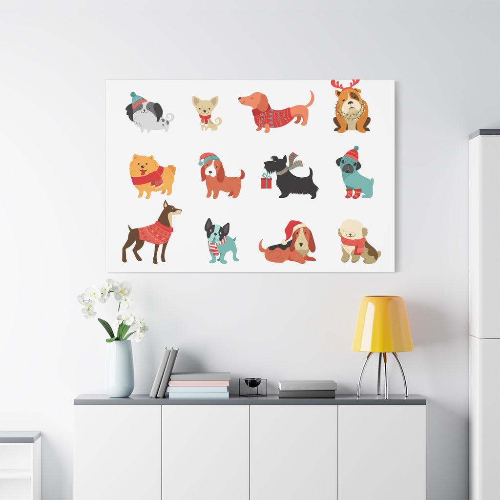 Holiday Dogs Canvas Wall Art — Cute Dachshund, Pug & Mixed Breeds in Winter Sweaters