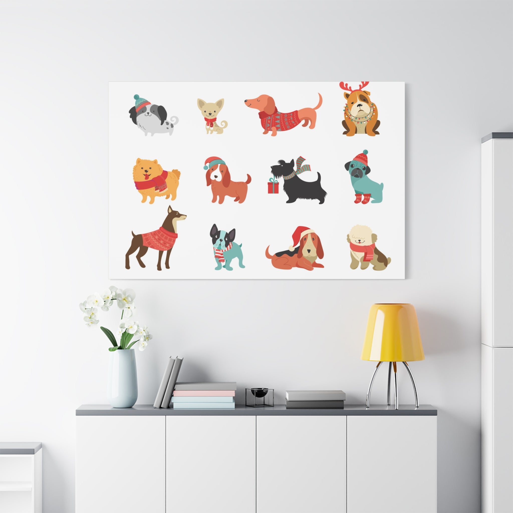 Holiday Dogs Canvas Wall Art — Cute Dachshund, Pug & Mixed Breeds in Winter Sweaters