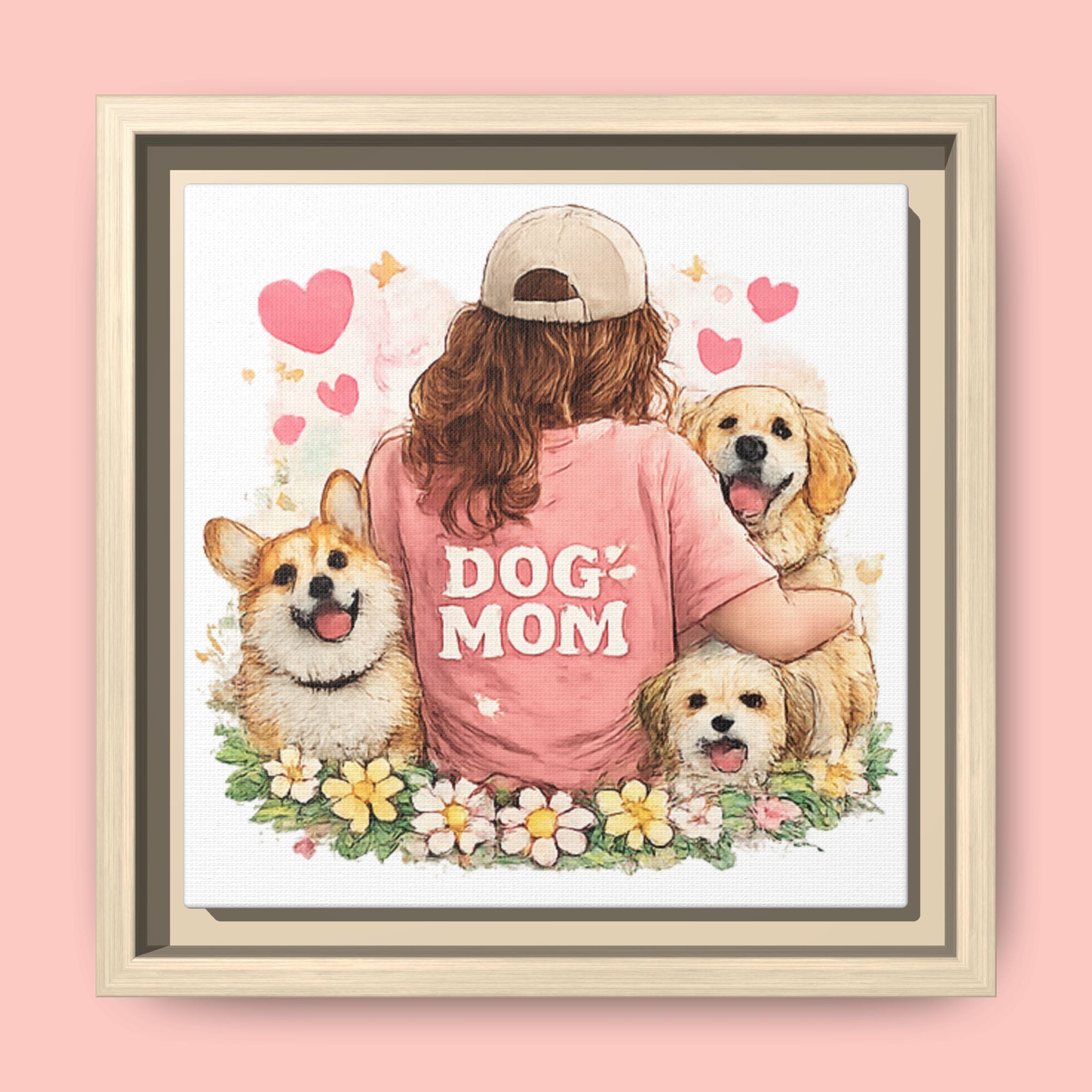 Dog Mom Canvas Print — Framed Matte Wall Art with Cute Dogs & Hearts