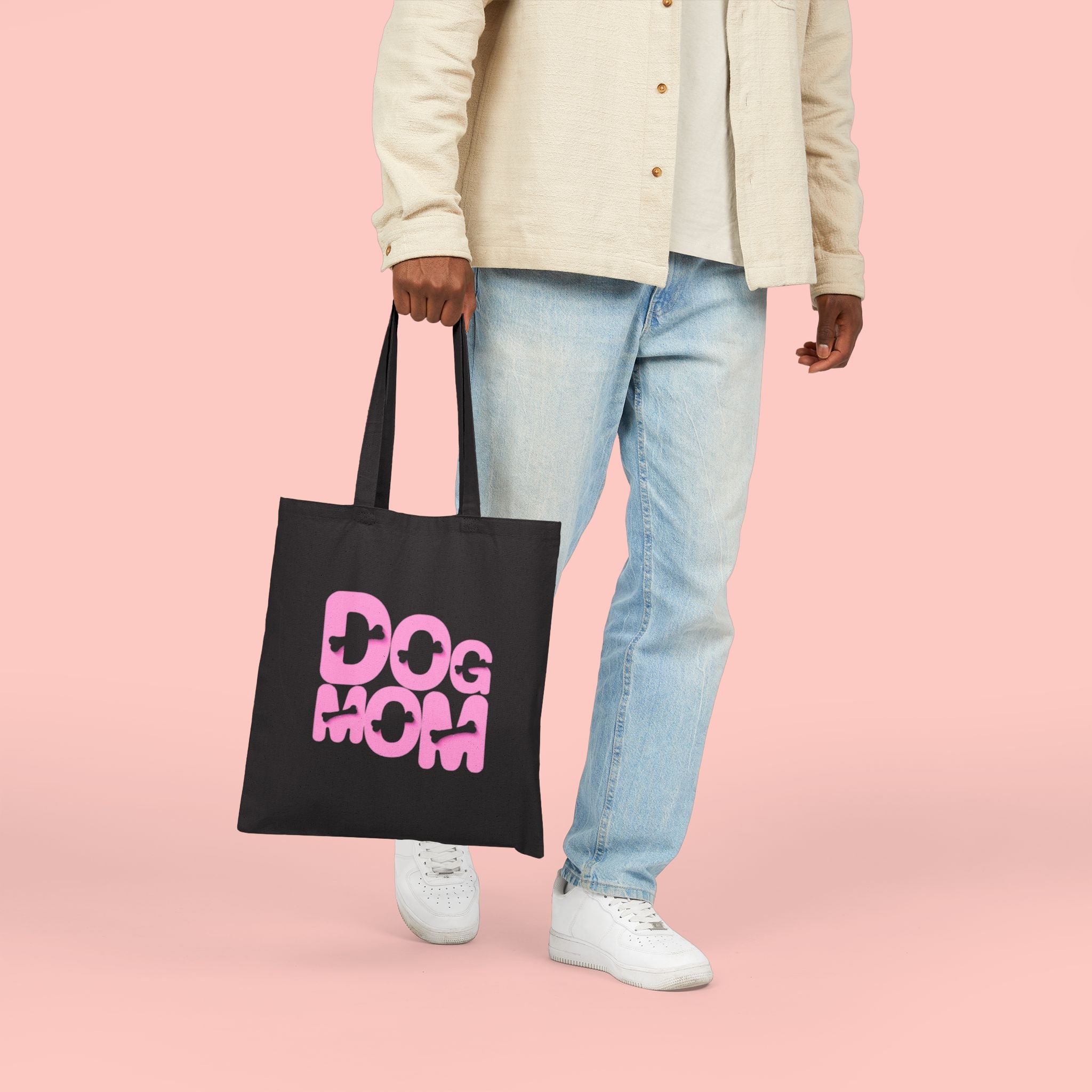 Dog Mom Canvas Tote Bag — Pink Retro Graphic Cotton Shopper for Pet Lovers