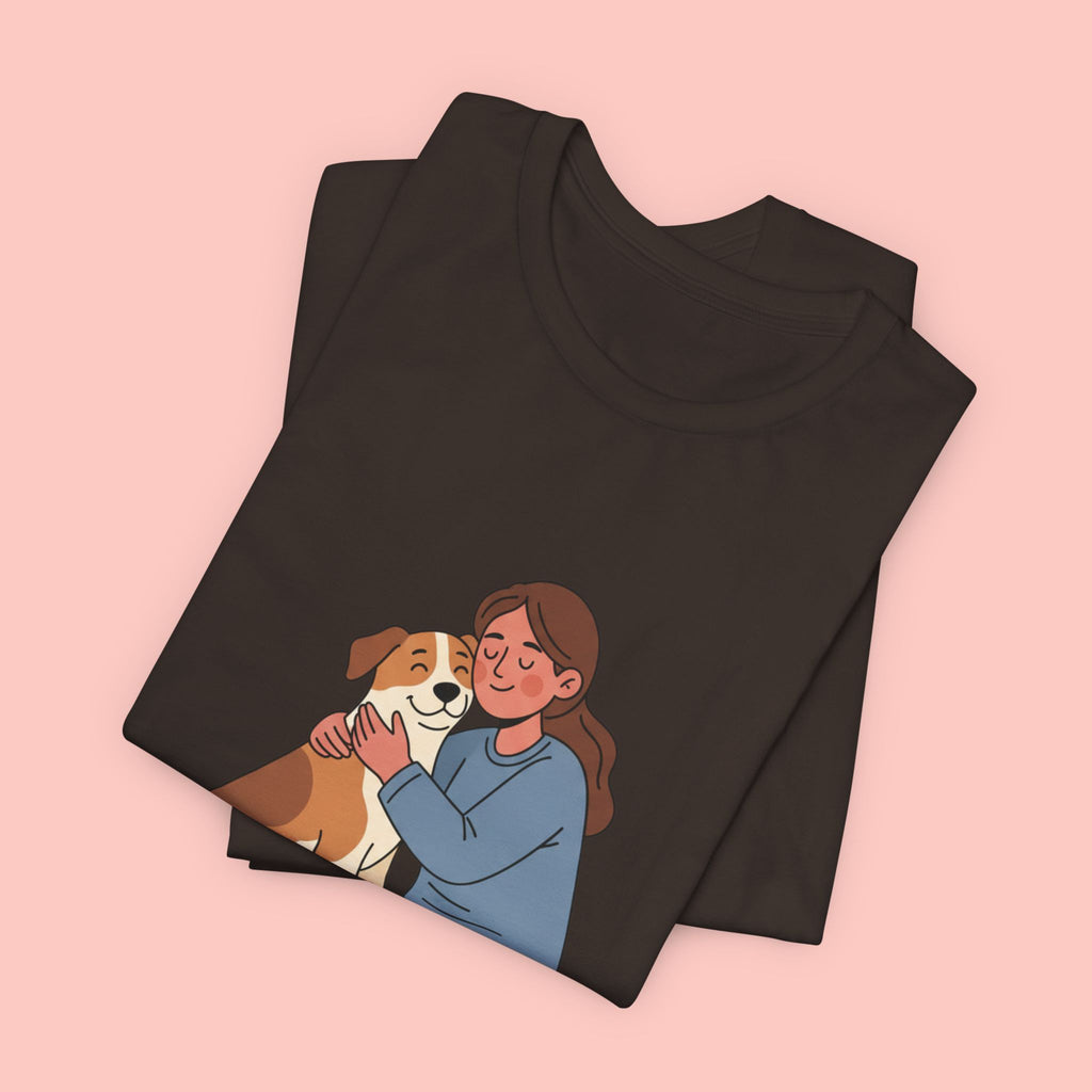 Dog Mom T‑Shirt — Cute Woman Hugging Dog Graphic Tee