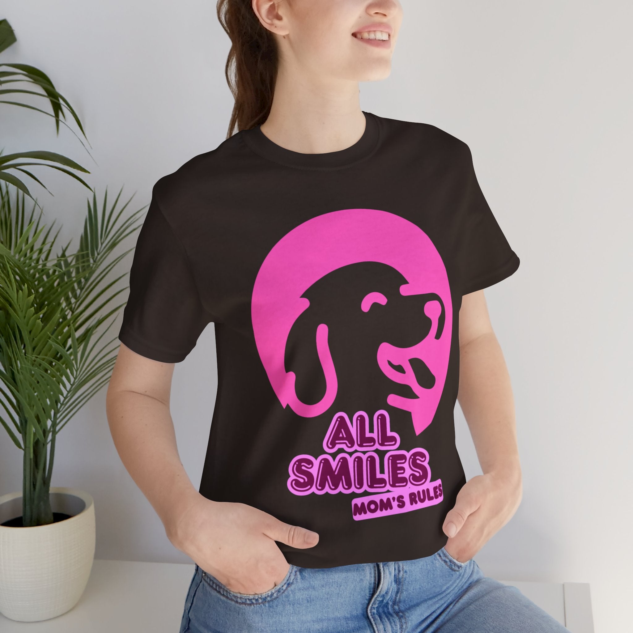 All Smiles Mom's Rules T-Shirt — Cute Pink Dog Graphic Tee for Moms & Pet Lovers