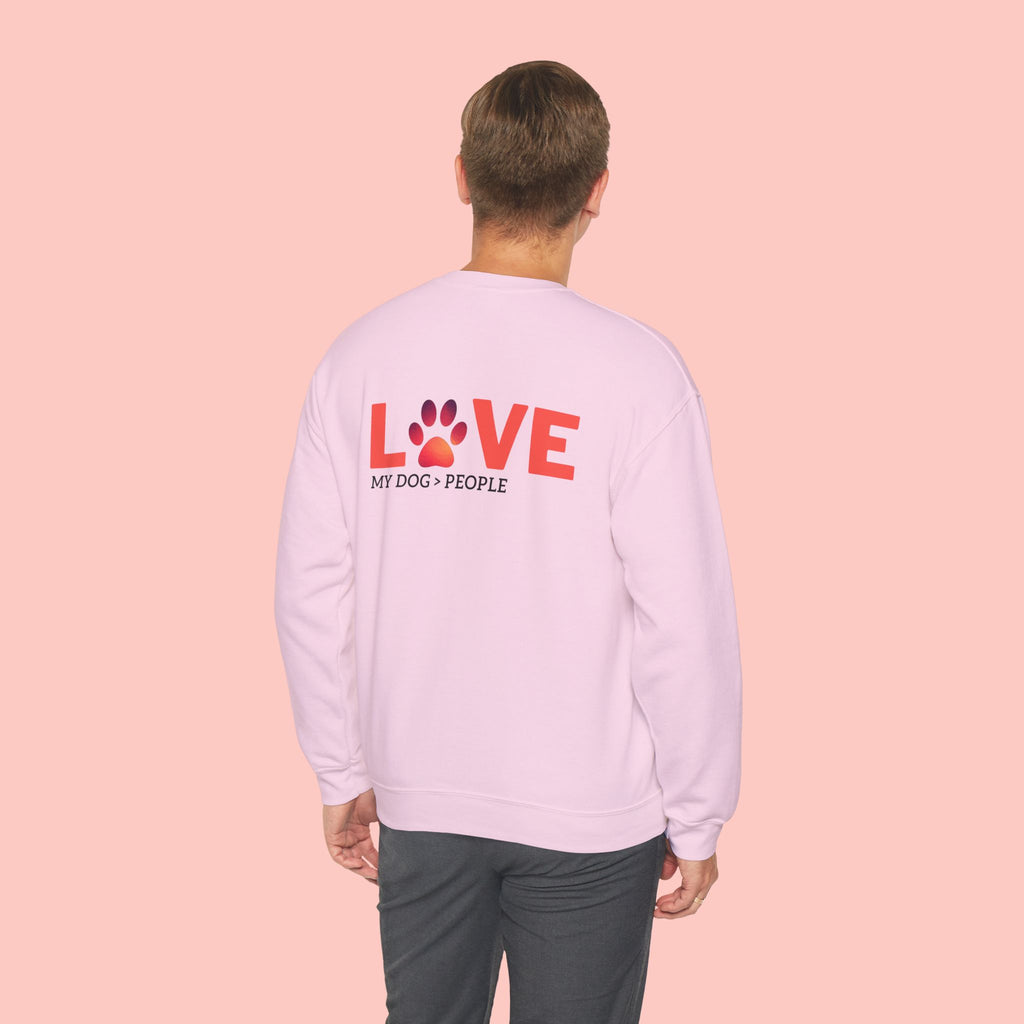 Dog Lover Crewneck Sweatshirt — “LOVE” Paw Design (My Dog > People)