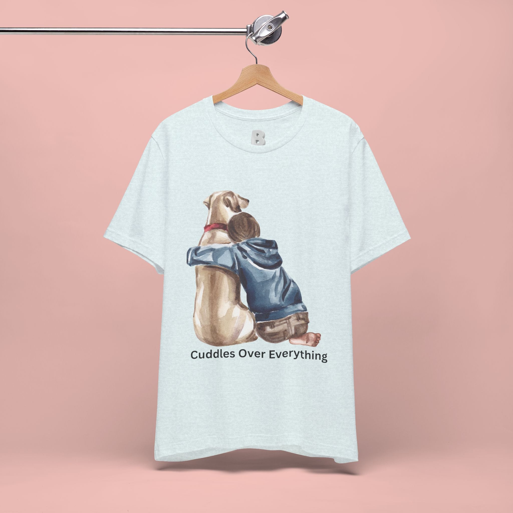 Cuddles Over Everything Tee — Boy Hugging Dog Animal Lover T-Shirt