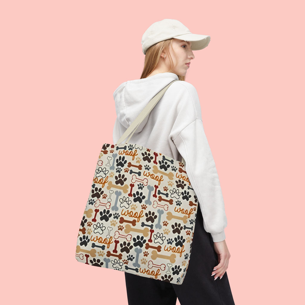 Dog Paw & Bone Pattern Tote Bag — 'Woof' All-Over Print Canvas Tote