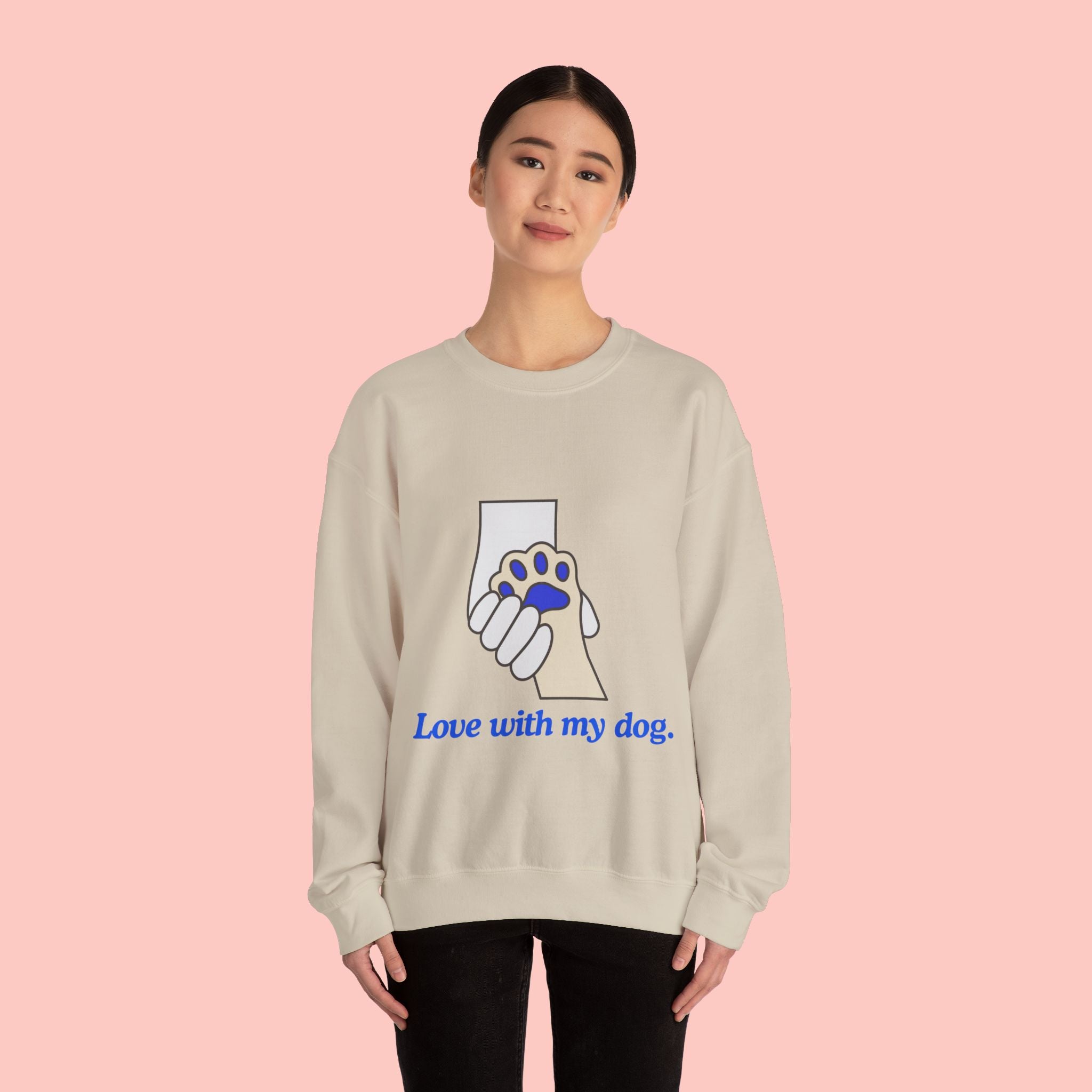 Dog Lover Crewneck Sweatshirt — "Love with my dog." Paw & Hold Graphic