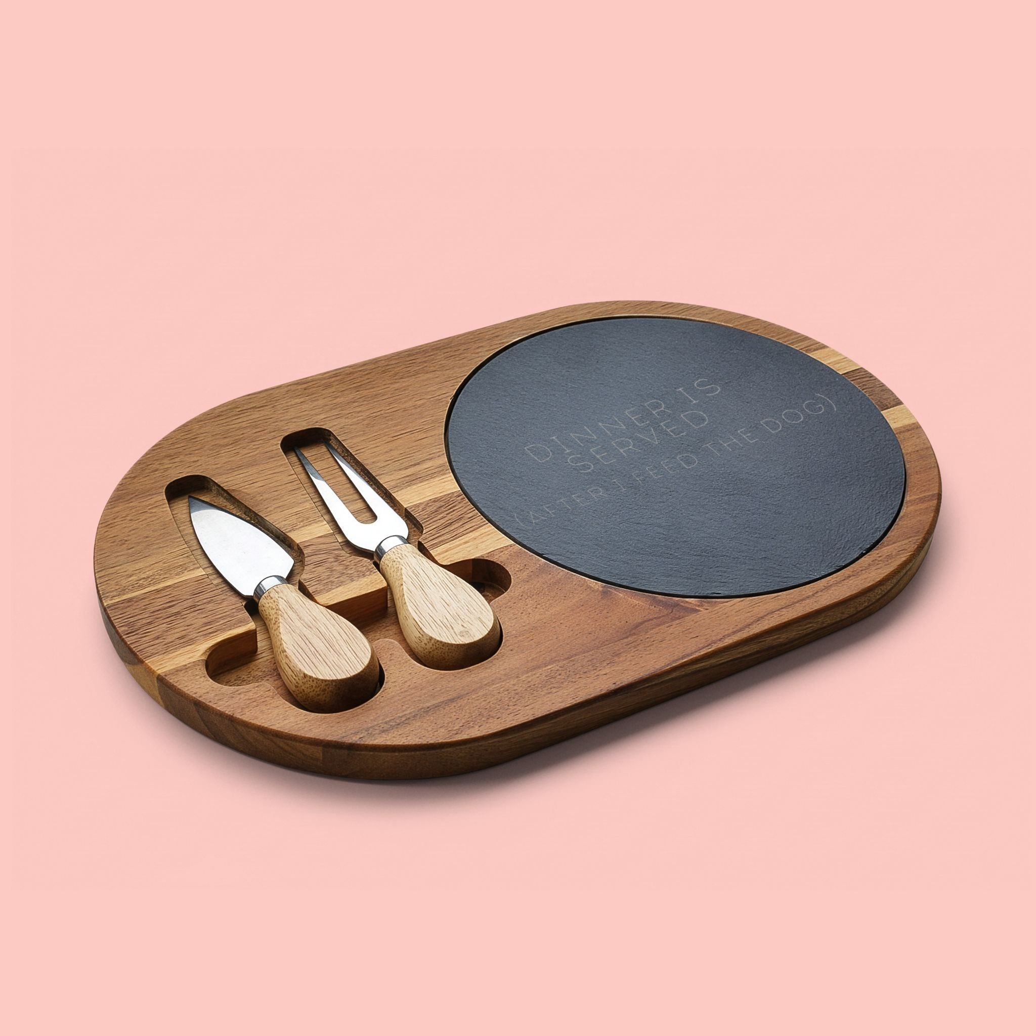 Engraved Oak Charcuterie Board with Slate Insert & Cheese Tools — "Dinner Is Served (After I Feed The Dog)"