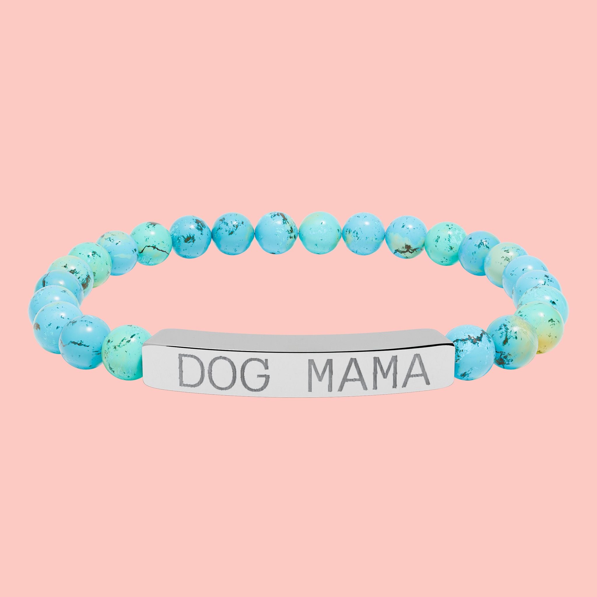 Dog Mama Natural Stone Stretch Bracelet — Engraved Bar Beaded Bracelet