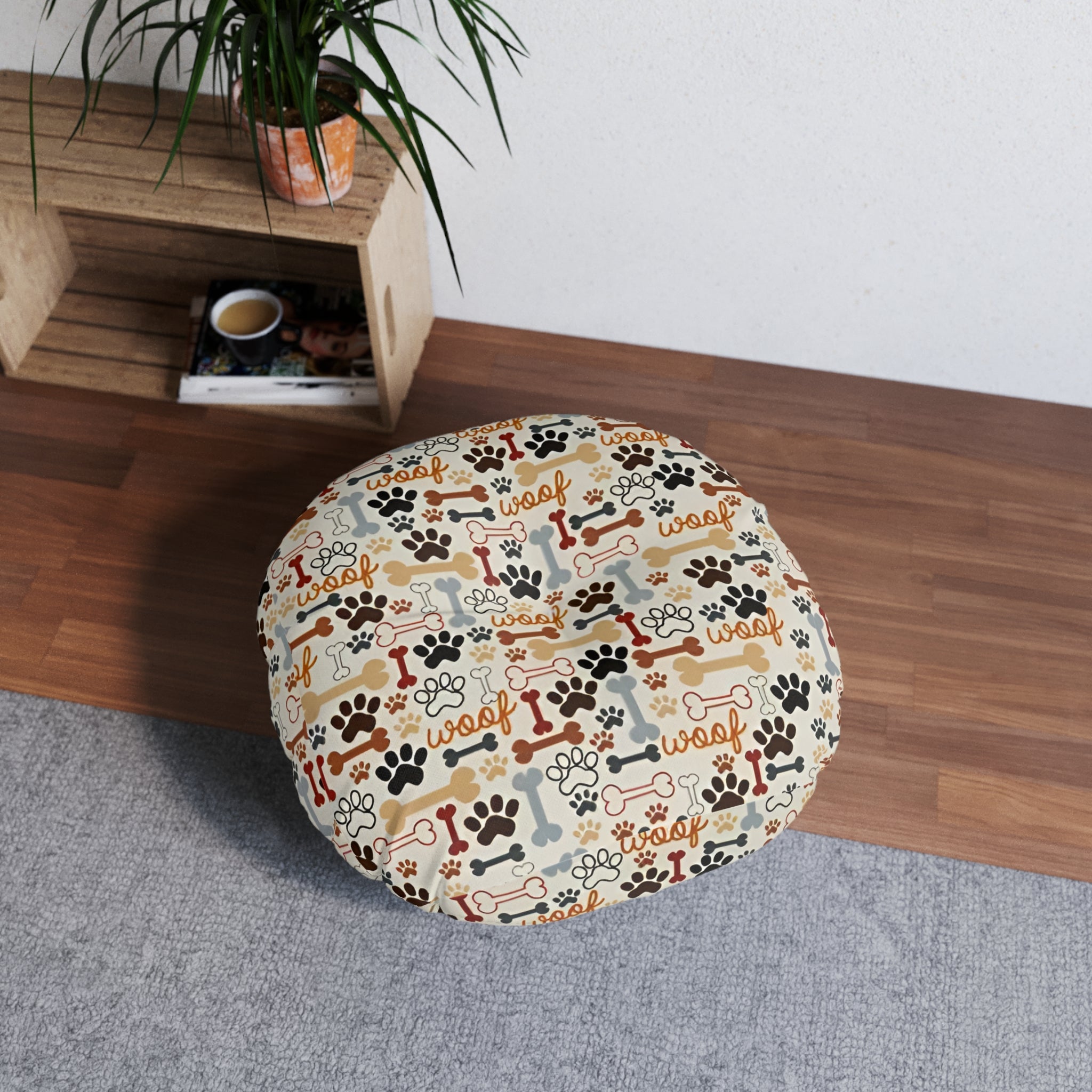 Round Tufted Floor Pillow — Neutral Paw Print Pattern for Pet Lovers