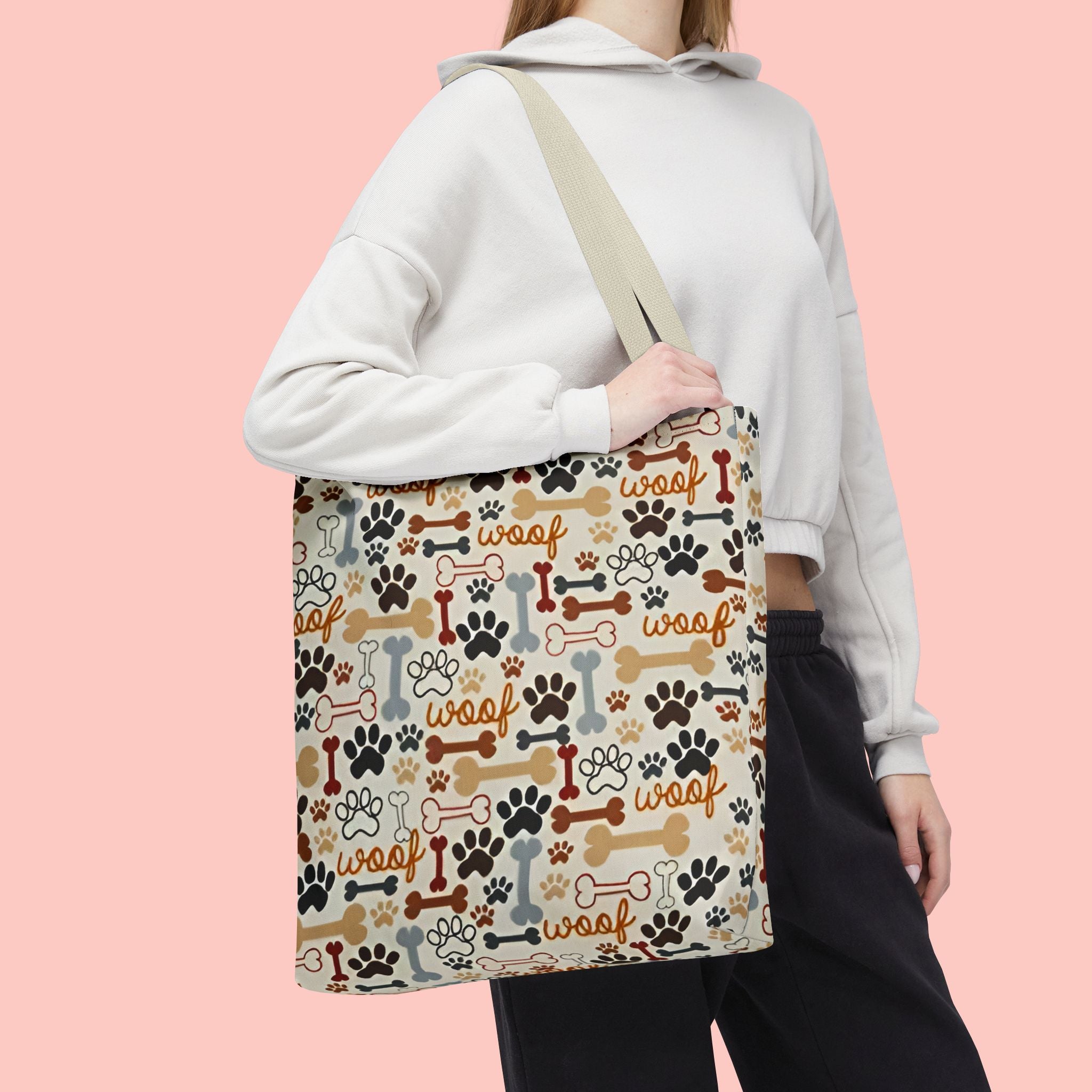 Dog Paw & Bone Pattern Tote Bag — 'Woof' All-Over Print Canvas Tote
