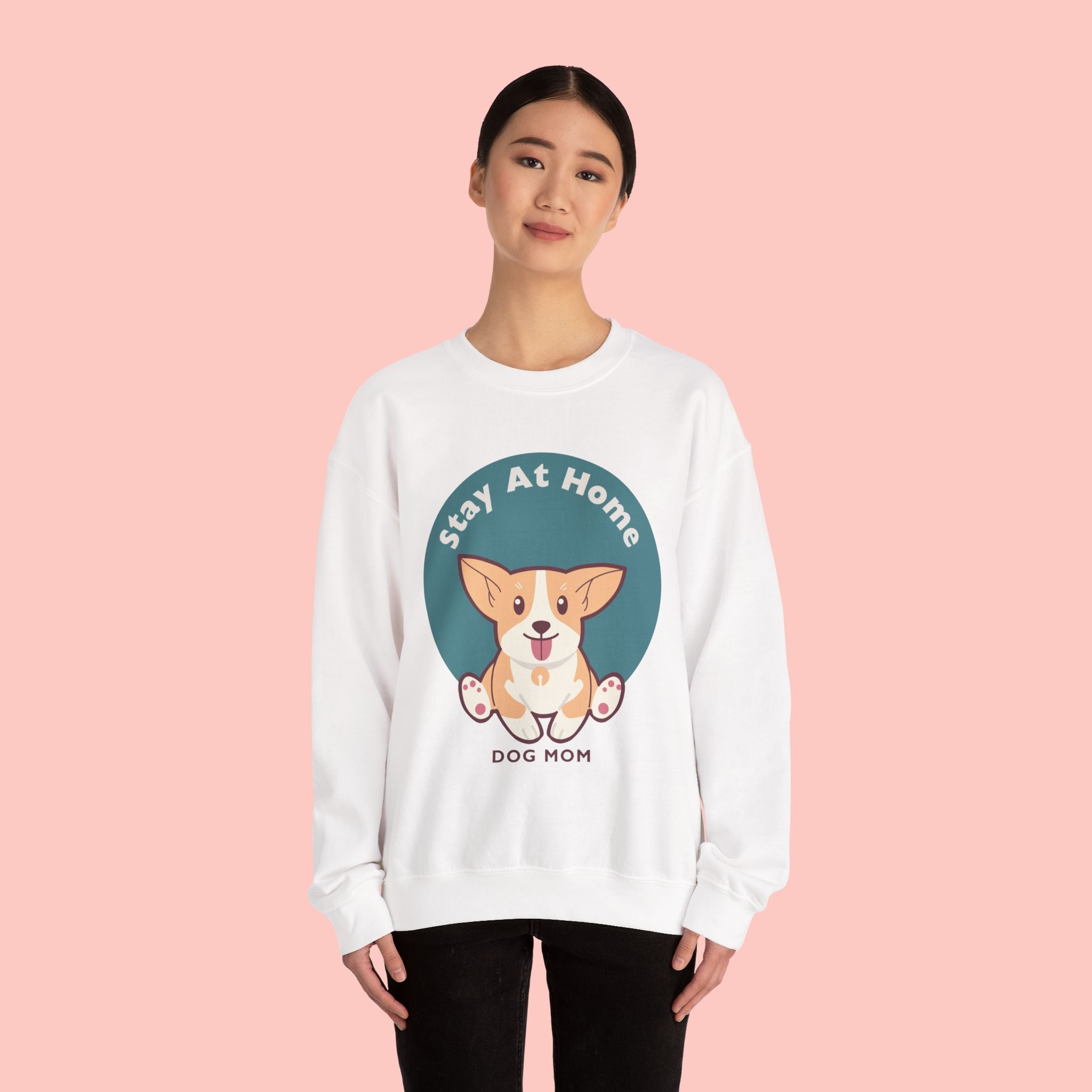 Stay At Home Dog Mom Crewneck Sweatshirt — Cute Corgi Graphic Sweatshirt