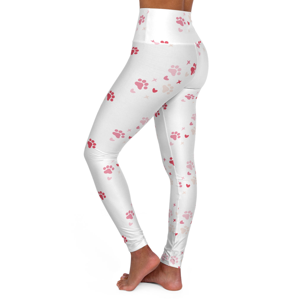 Pink Paw Print High-Waisted Yoga Leggings — Cute Cat/Dog Pet Pattern