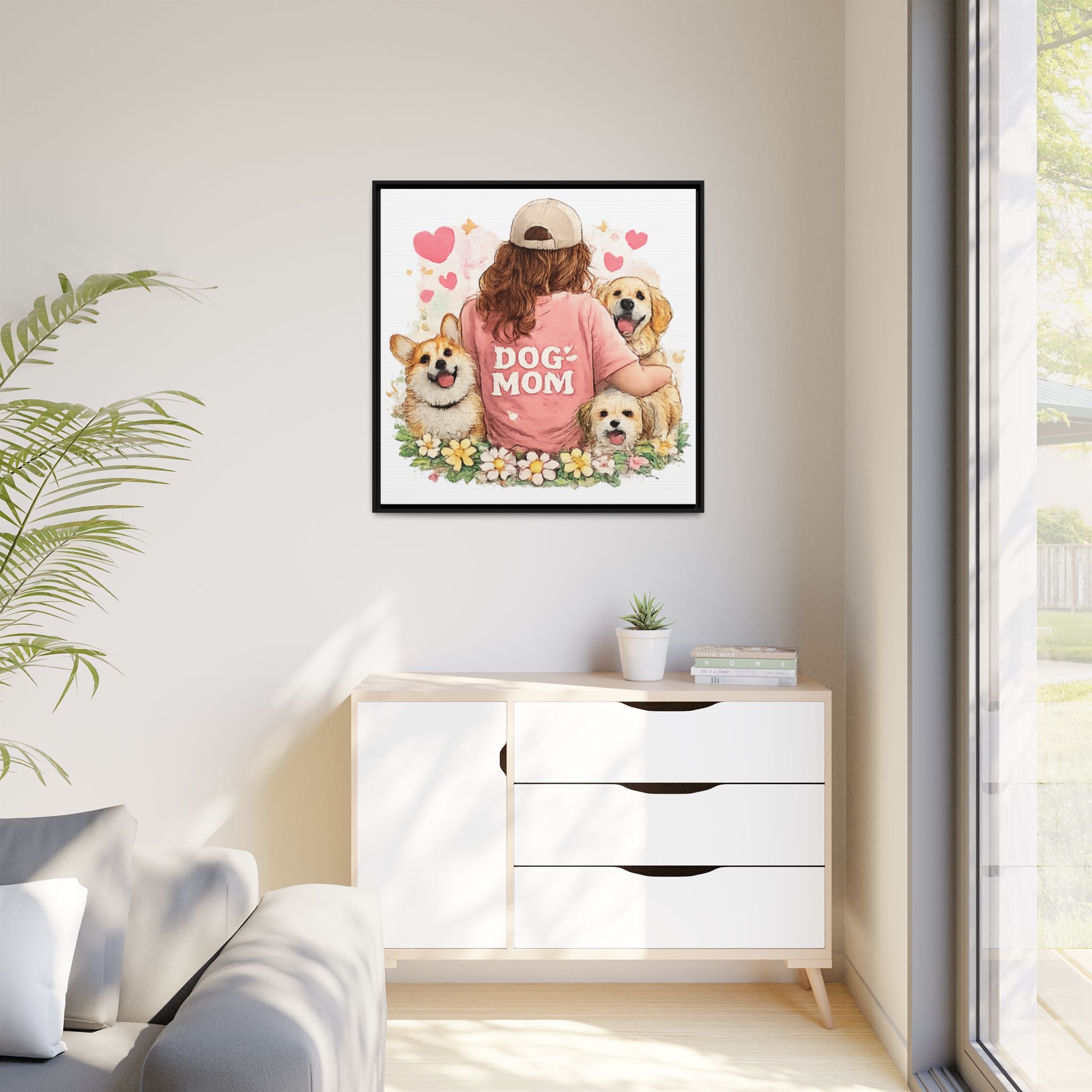 Dog Mom Canvas Print — Framed Matte Wall Art with Cute Dogs & Hearts