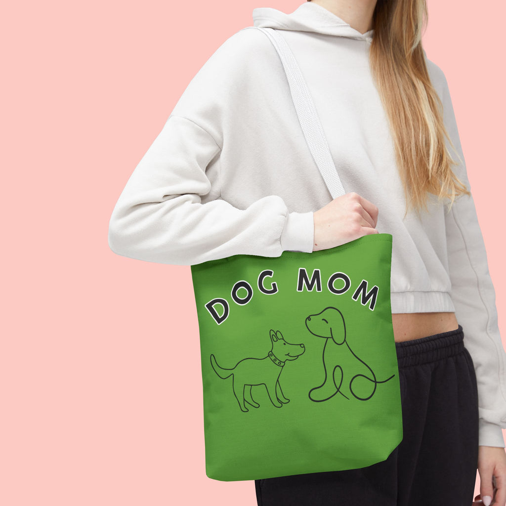 Dog Mom Tote Bag — Green All-Over-Print Cute Line-Drawing Dogs