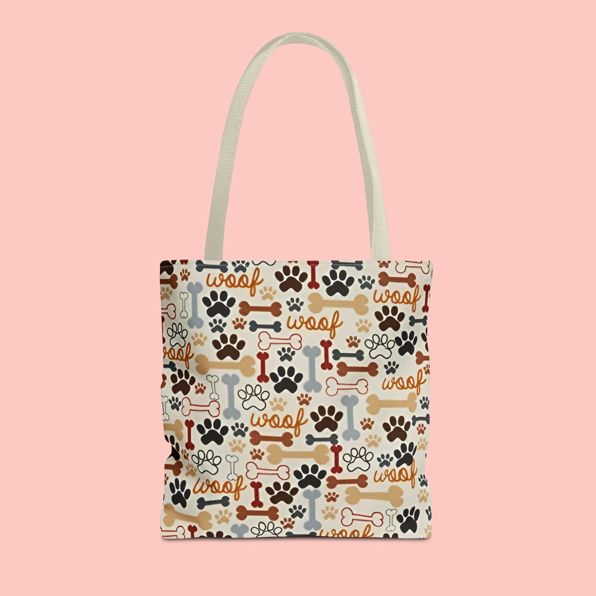 Dog Paw & Bone Pattern Tote Bag — 'Woof' All-Over Print Canvas Tote