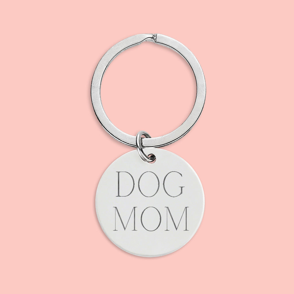 Dog Mom Engraved Stainless Steel Round Keychain