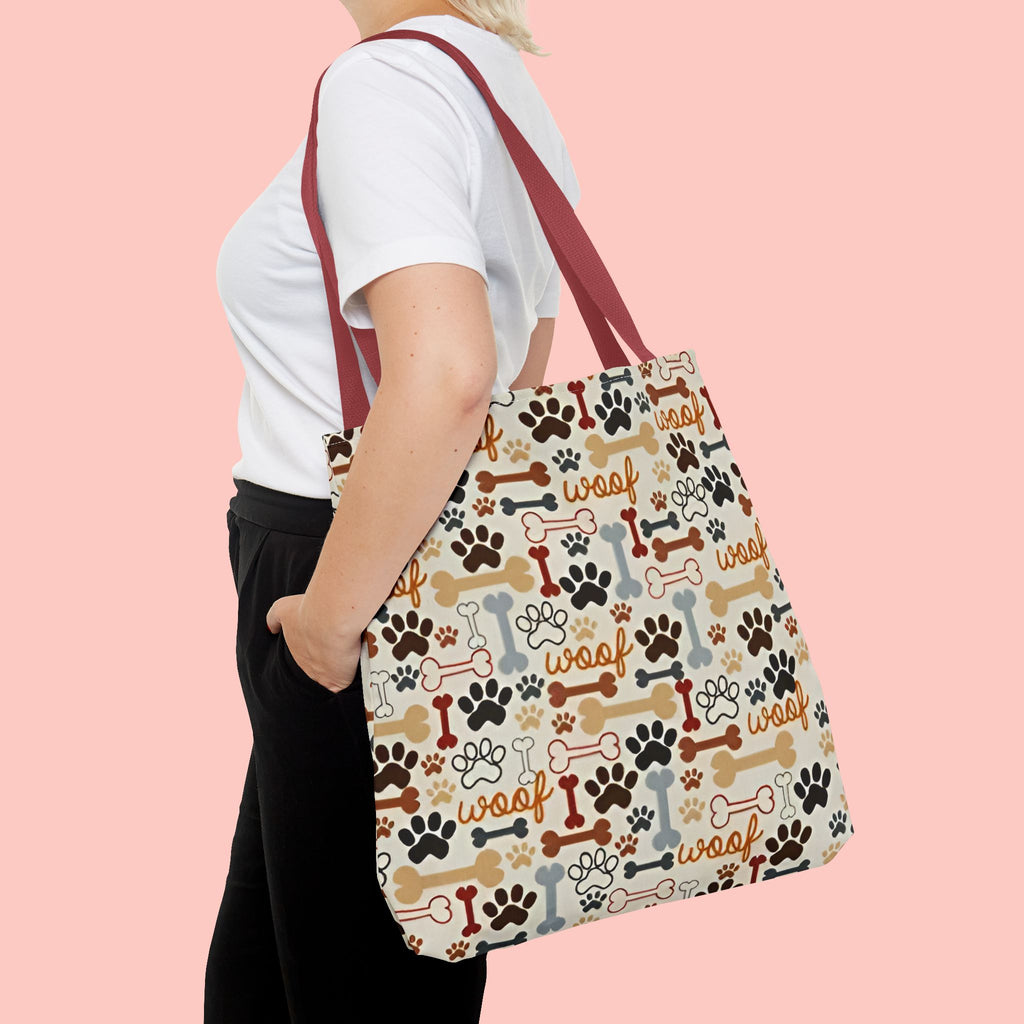 Dog Paw & Bone Pattern Tote Bag — 'Woof' All-Over Print Canvas Tote