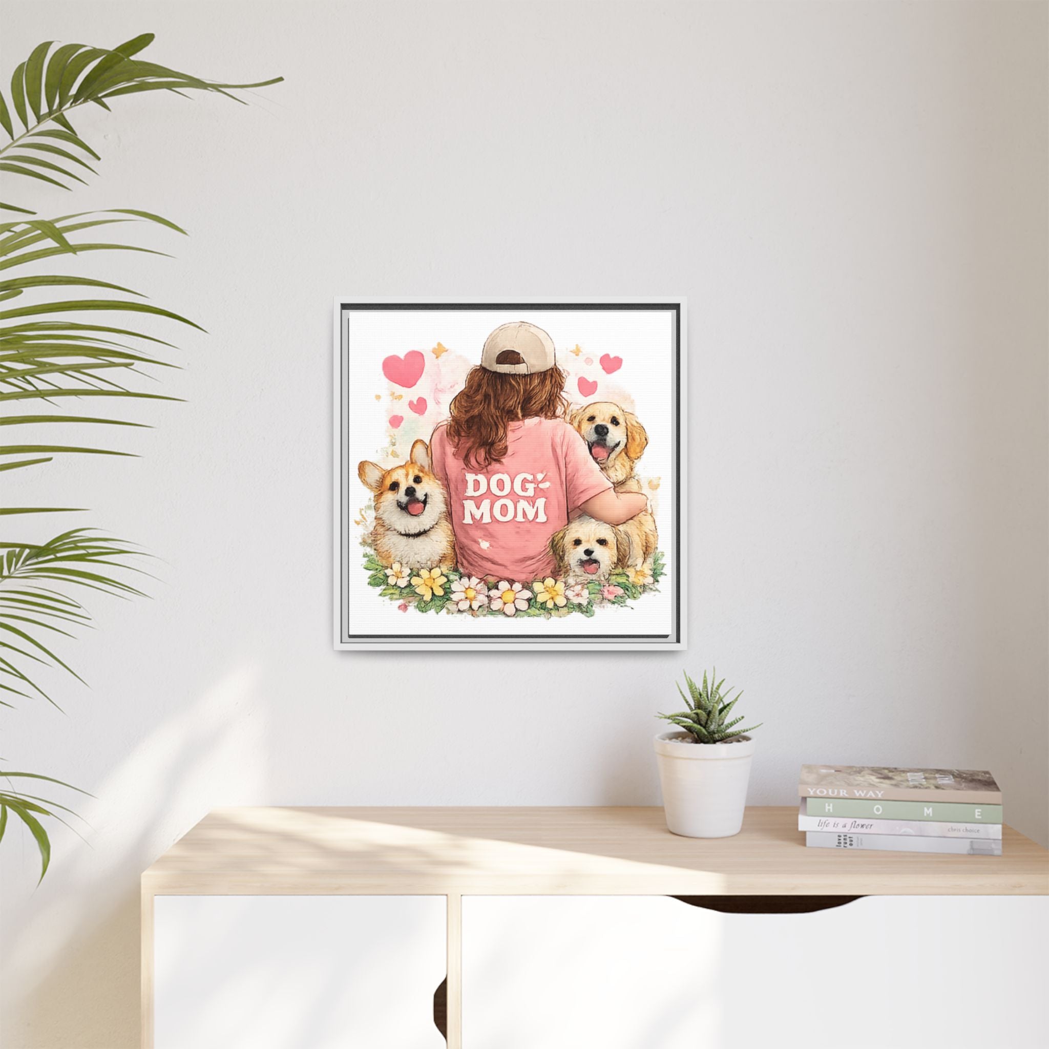 Dog Mom Canvas Print — Framed Matte Wall Art with Cute Dogs & Hearts