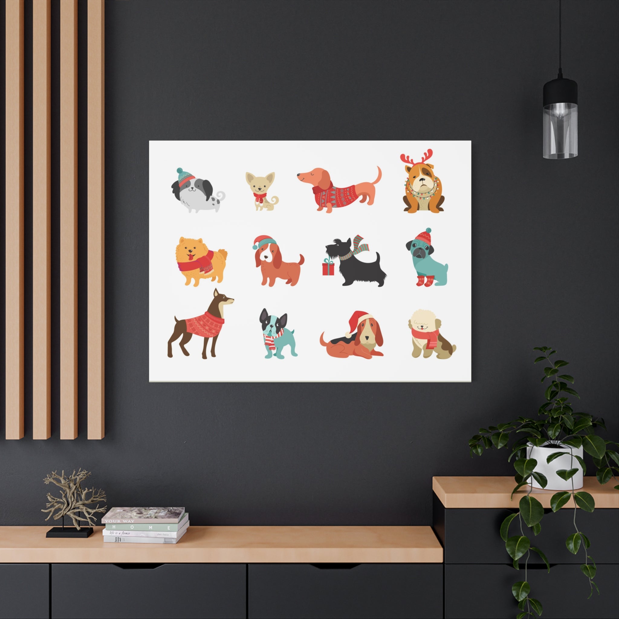 Holiday Dogs Canvas Wall Art — Cute Dachshund, Pug & Mixed Breeds in Winter Sweaters