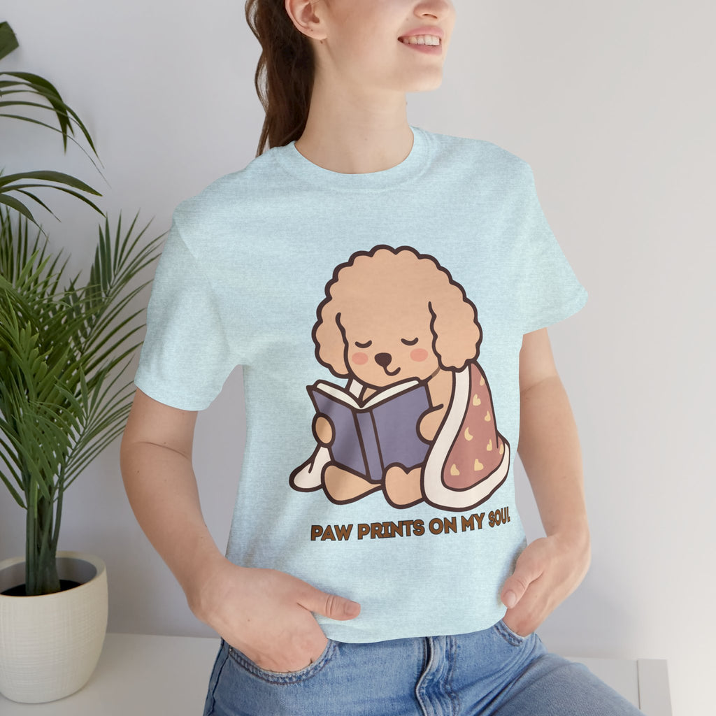 Paw Prints On My Soul T‑Shirt — Cute Reading Puppy Graphic Tee