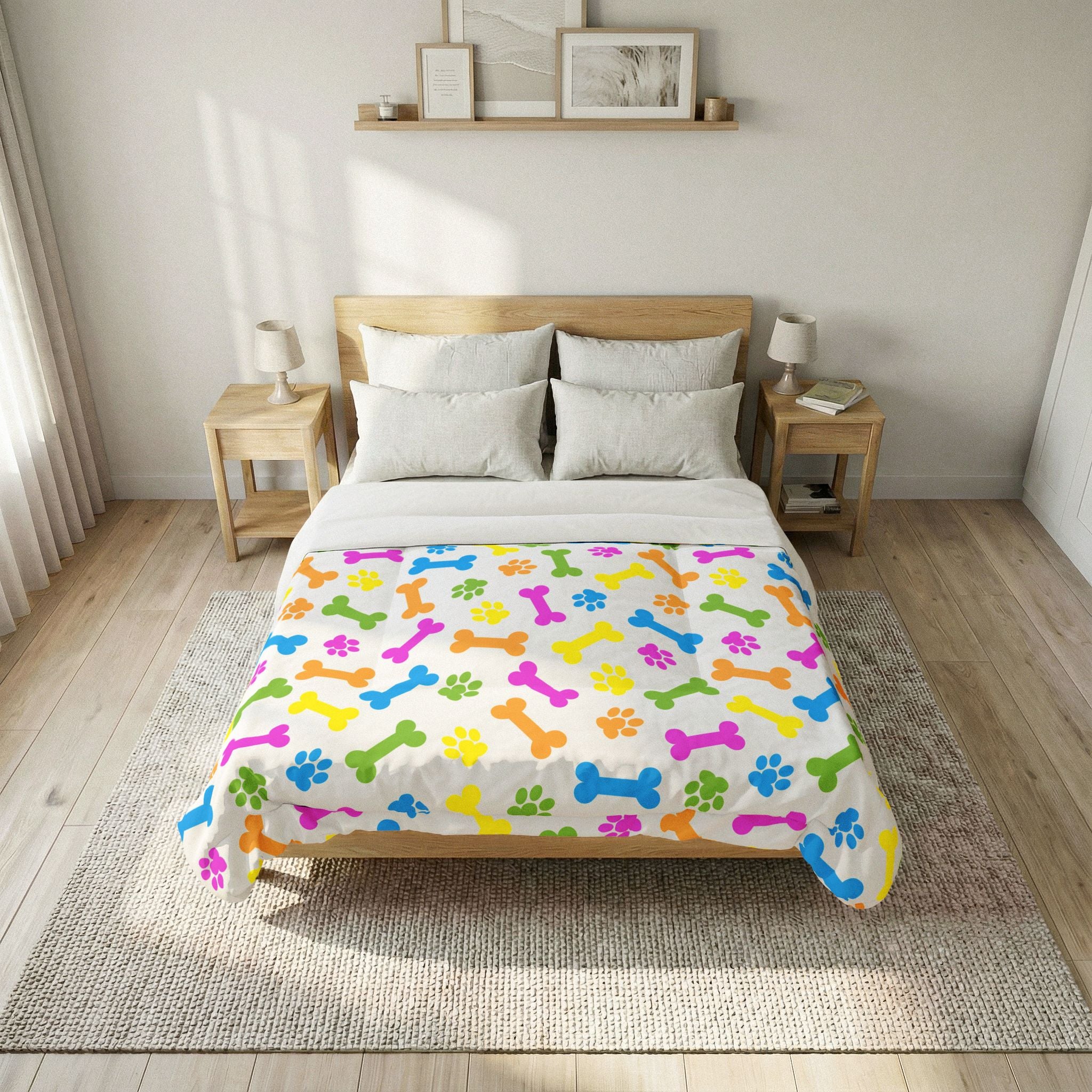 Colorful Dog Bone & Paw Print Cotton Comforter — Pet Lover Bedspread