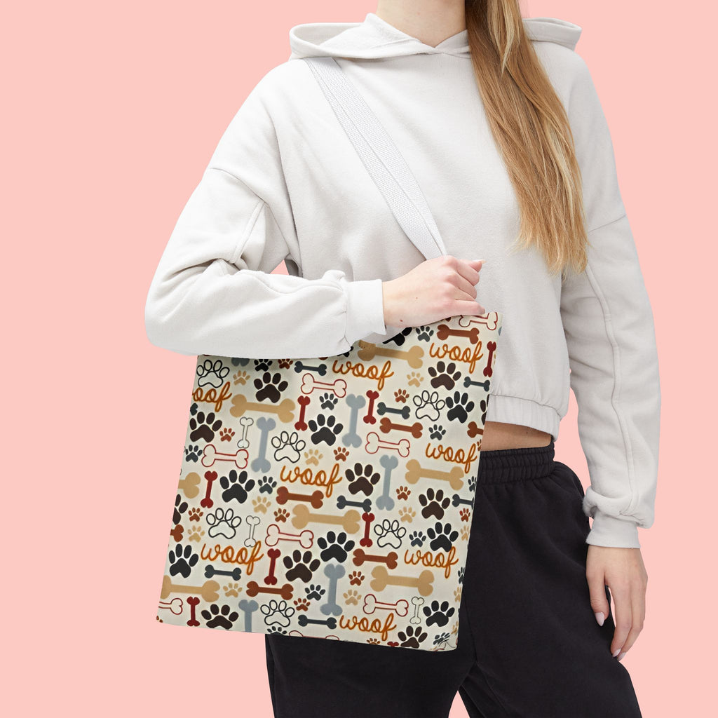 Dog Paw & Bone Pattern Tote Bag — 'Woof' All-Over Print Canvas Tote