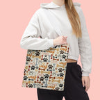 Dog Paw & Bone Pattern Tote Bag — 'Woof' All-Over Print Canvas Tote