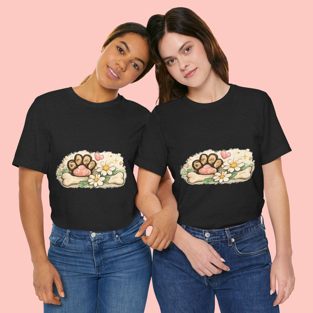 Dog Paw Floral T-Shirt — Cute Paw Print, Bone & Daisies Tee