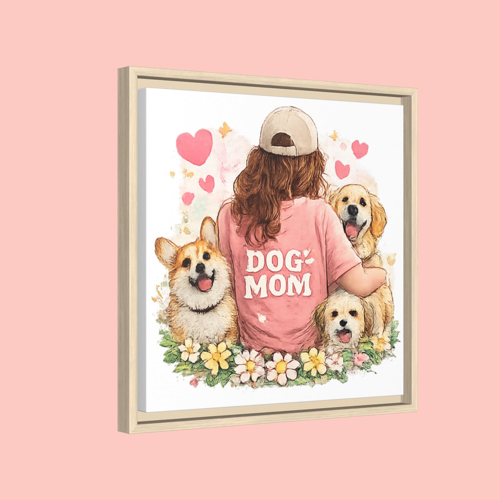 Dog Mom Canvas Print — Framed Matte Wall Art with Cute Dogs & Hearts