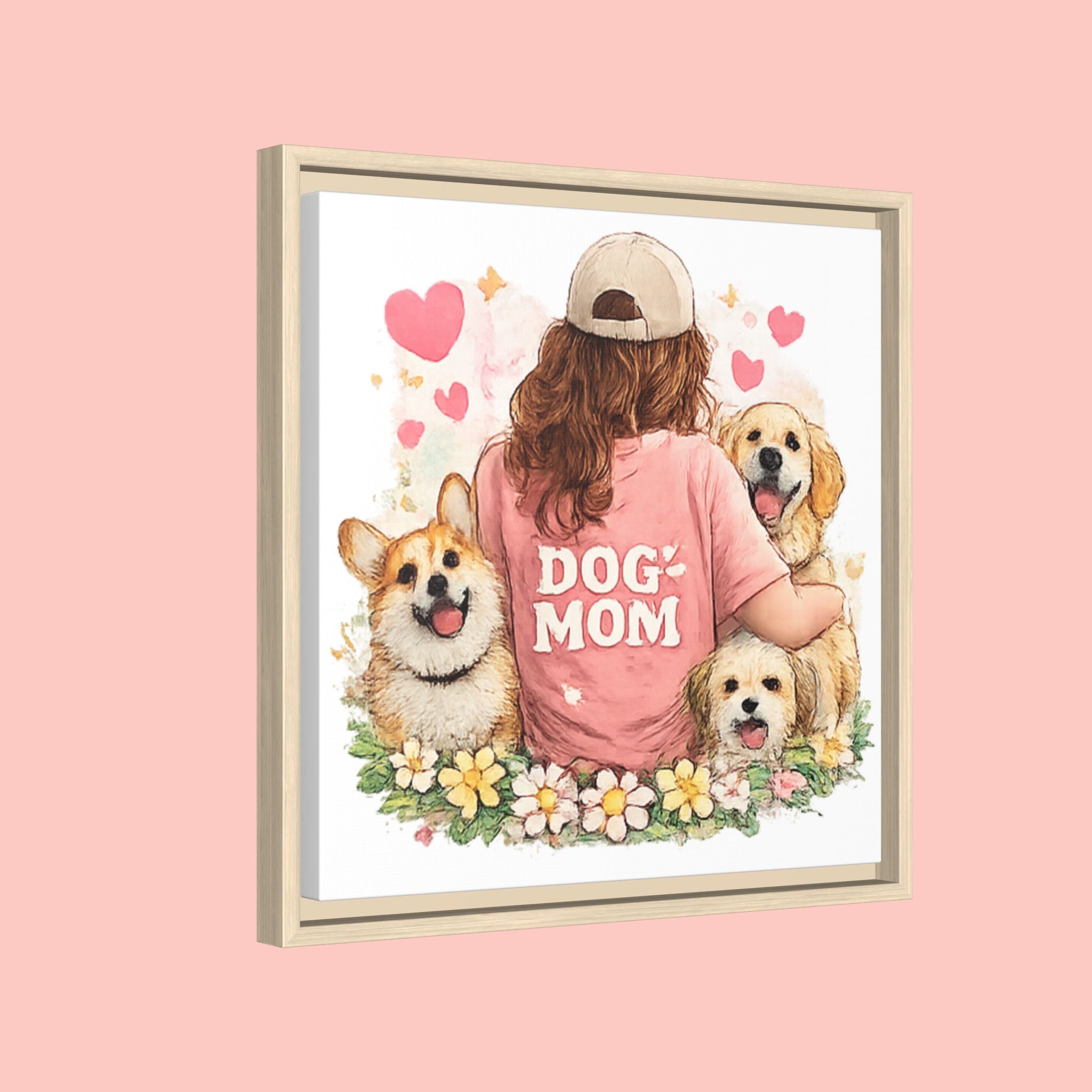 Dog Mom Canvas Print — Framed Matte Wall Art with Cute Dogs & Hearts