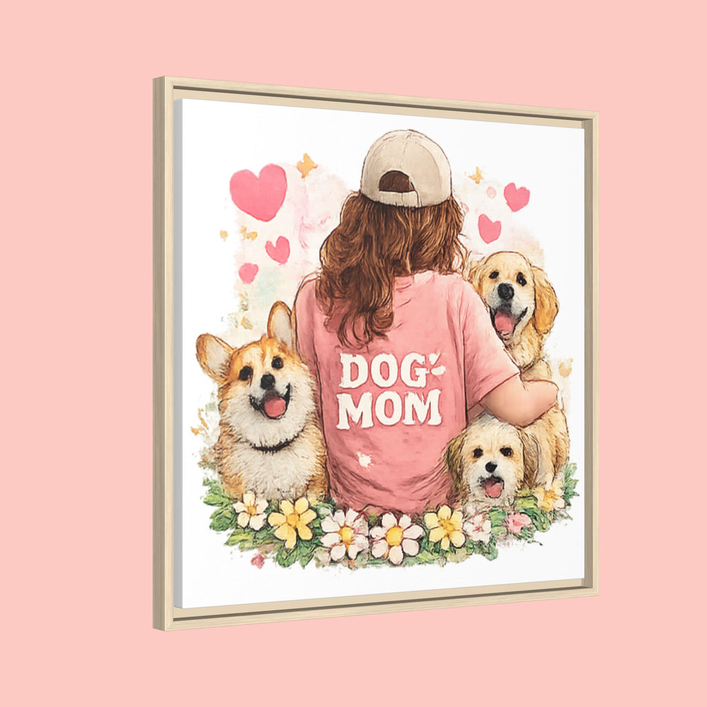 Dog Mom Canvas Print — Framed Matte Wall Art with Cute Dogs & Hearts