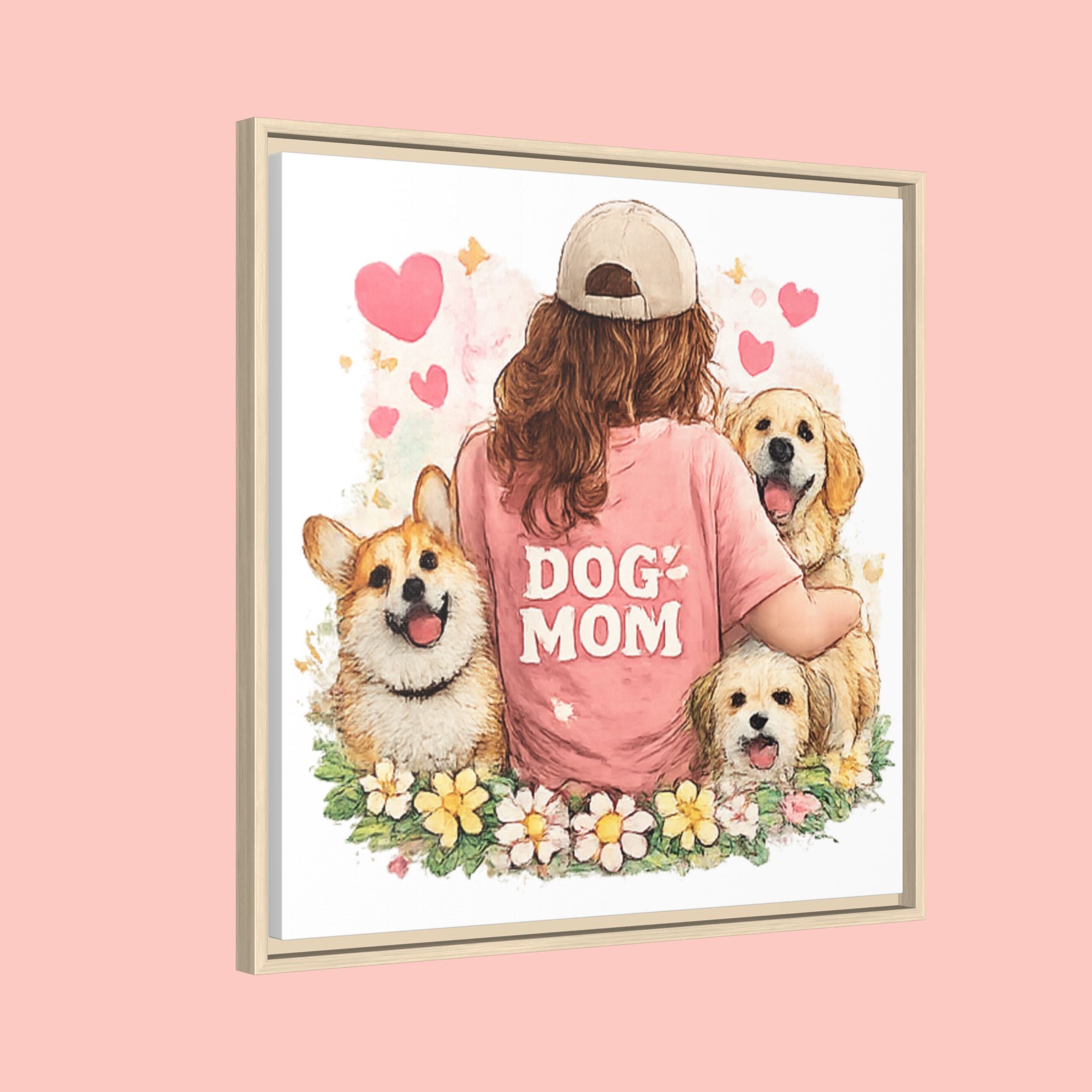 Dog Mom Canvas Print — Framed Matte Wall Art with Cute Dogs & Hearts