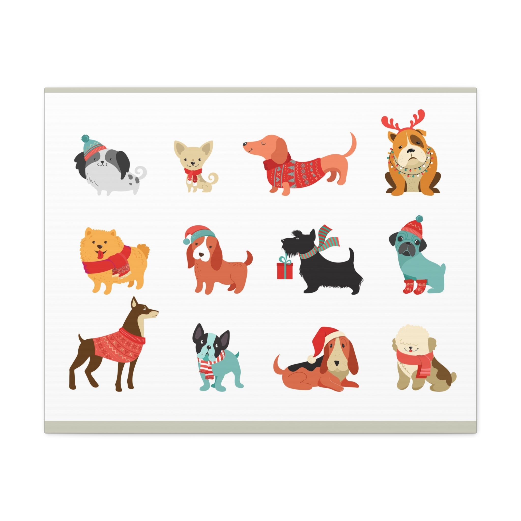 Holiday Dogs Canvas Wall Art — Cute Dachshund, Pug & Mixed Breeds in Winter Sweaters