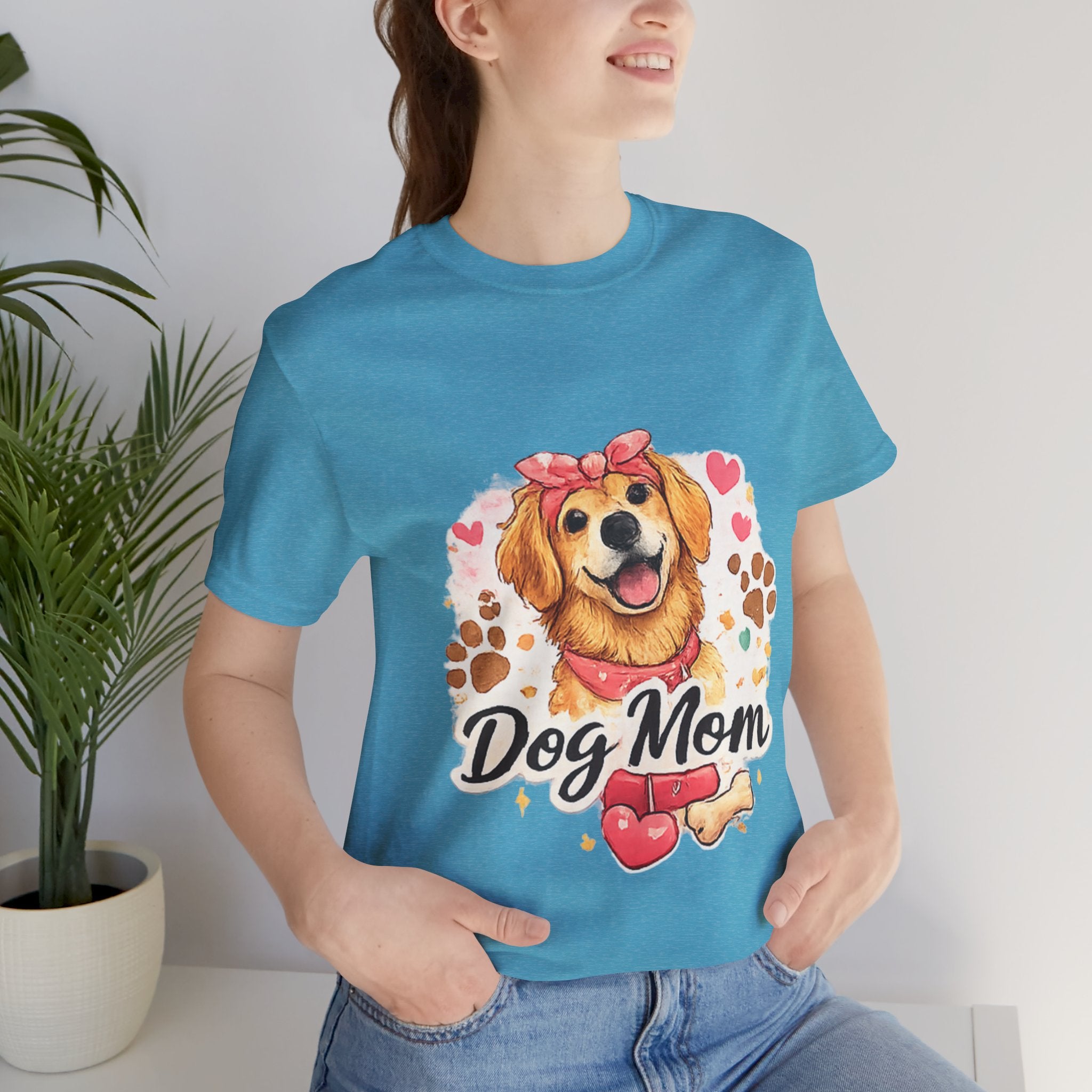 Dog Mom T-Shirt – Cute Golden Retriever Design with Hearts & Paw Prints