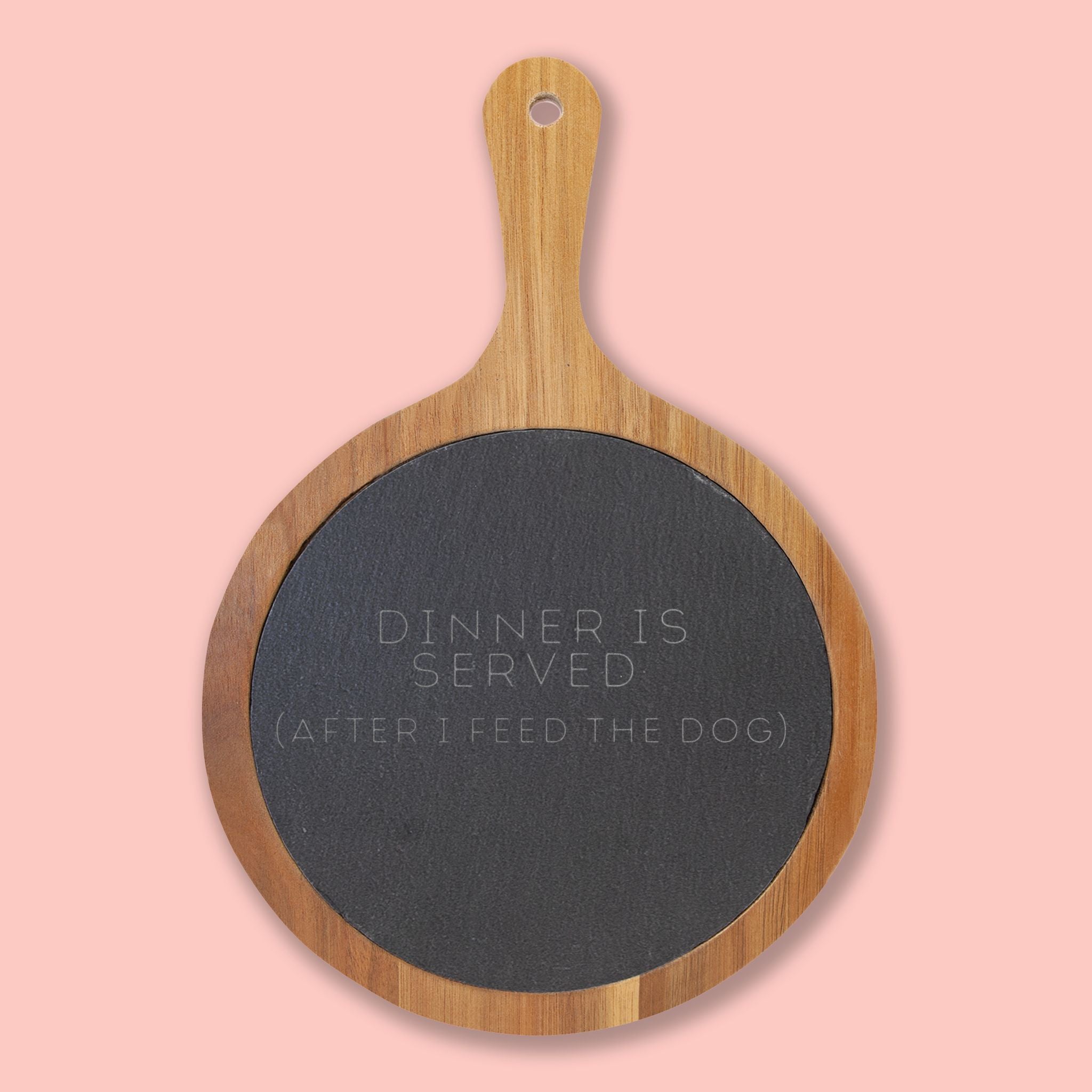 Engraved Oak Charcuterie Board with Slate Insert & Cheese Tools — "Dinner Is Served (After I Feed The Dog)"