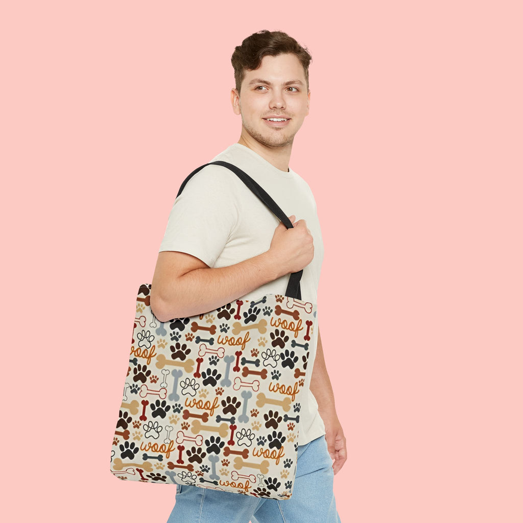 Dog Paw & Bone Pattern Tote Bag — 'Woof' All-Over Print Canvas Tote