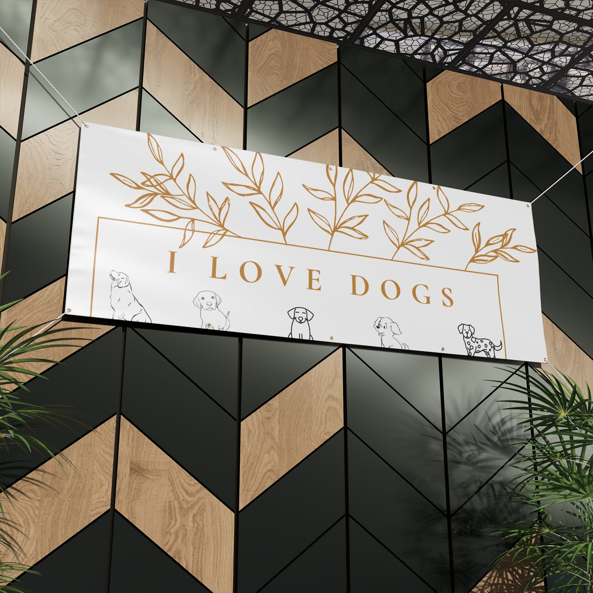 Matte Banner — I Love Dogs Decorative Outdoor/Indoor Sign with Gold Leaf Illustration