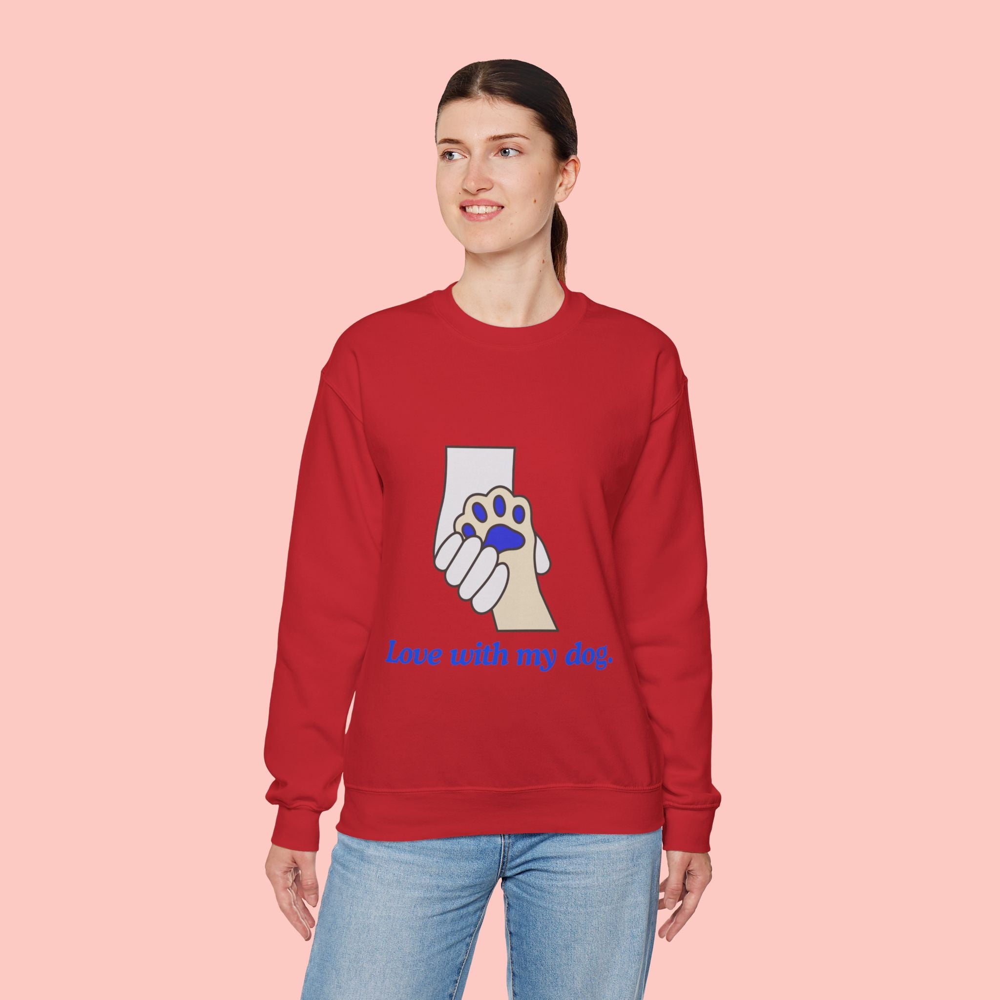 Dog Lover Crewneck Sweatshirt — "Love with my dog." Paw & Hold Graphic